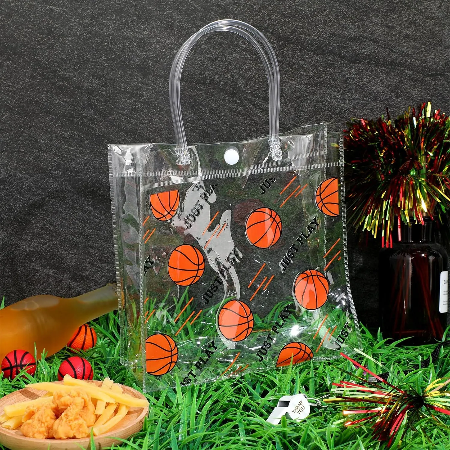 Aliceset 20 Pcs Basketball Clear Gift Bag with Handles Plastic Basketball Treat Plastic Sport Theme Favor Snack Bag for Team Game Rookie Year Birthday Decorations, 8 x 8 x 3.15 Inch