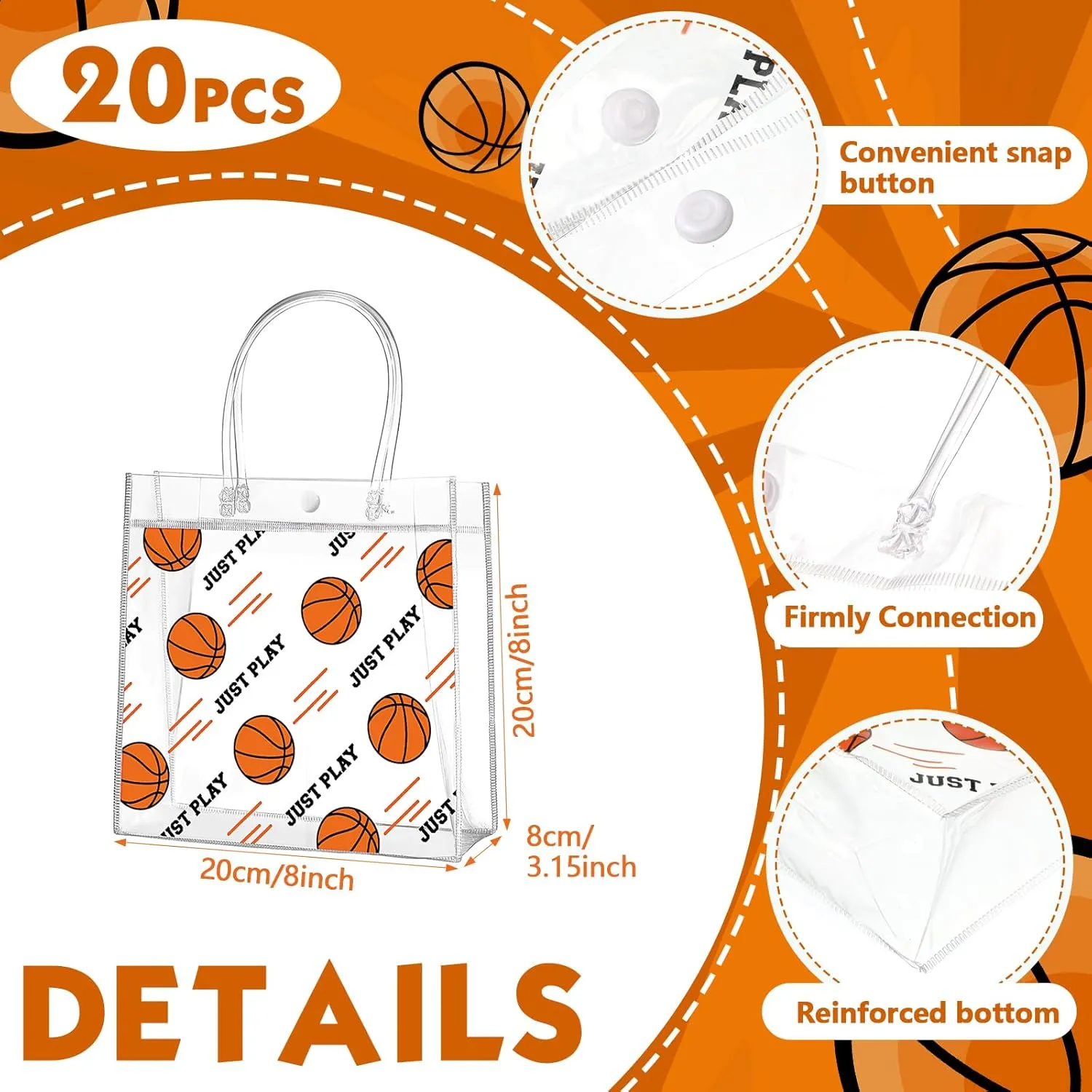 Aliceset 20 Pcs Basketball Clear Gift Bag with Handles Plastic Basketball Treat Plastic Sport Theme Favor Snack Bag for Team Game Rookie Year Birthday Decorations, 8 x 8 x 3.15 Inch