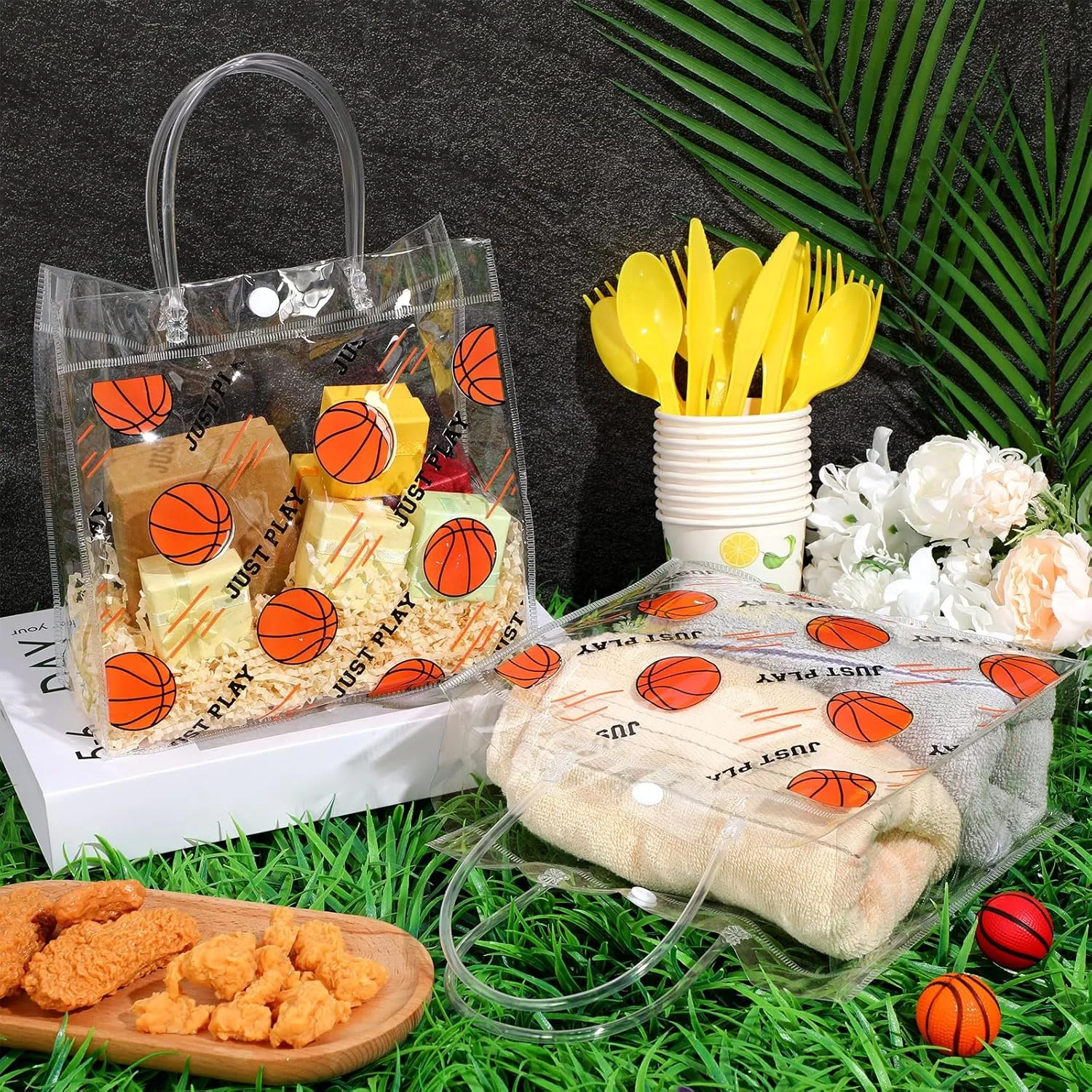Aliceset 20 Pcs Basketball Clear Gift Bag with Handles Plastic Basketball Treat Plastic Sport Theme Favor Snack Bag for Team Game Rookie Year Birthday Decorations, 8 x 8 x 3.15 Inch