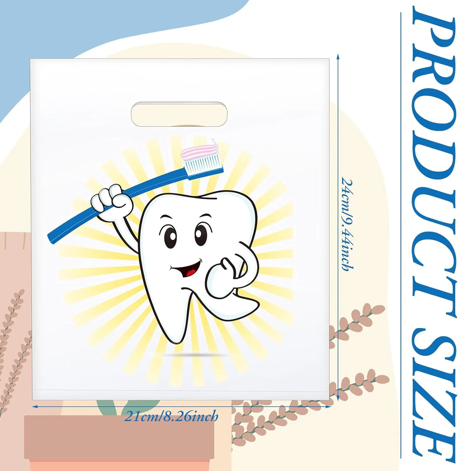 Aliceset 300 Pcs Tooth Merchandise Bags with Handles Plastic Dental Bags for Patients Dental Gifts Bulk for Dentist Office Goodie Packaging Appreciation Gifts Retail Party Favor, 8.27x9.45in (Cute)