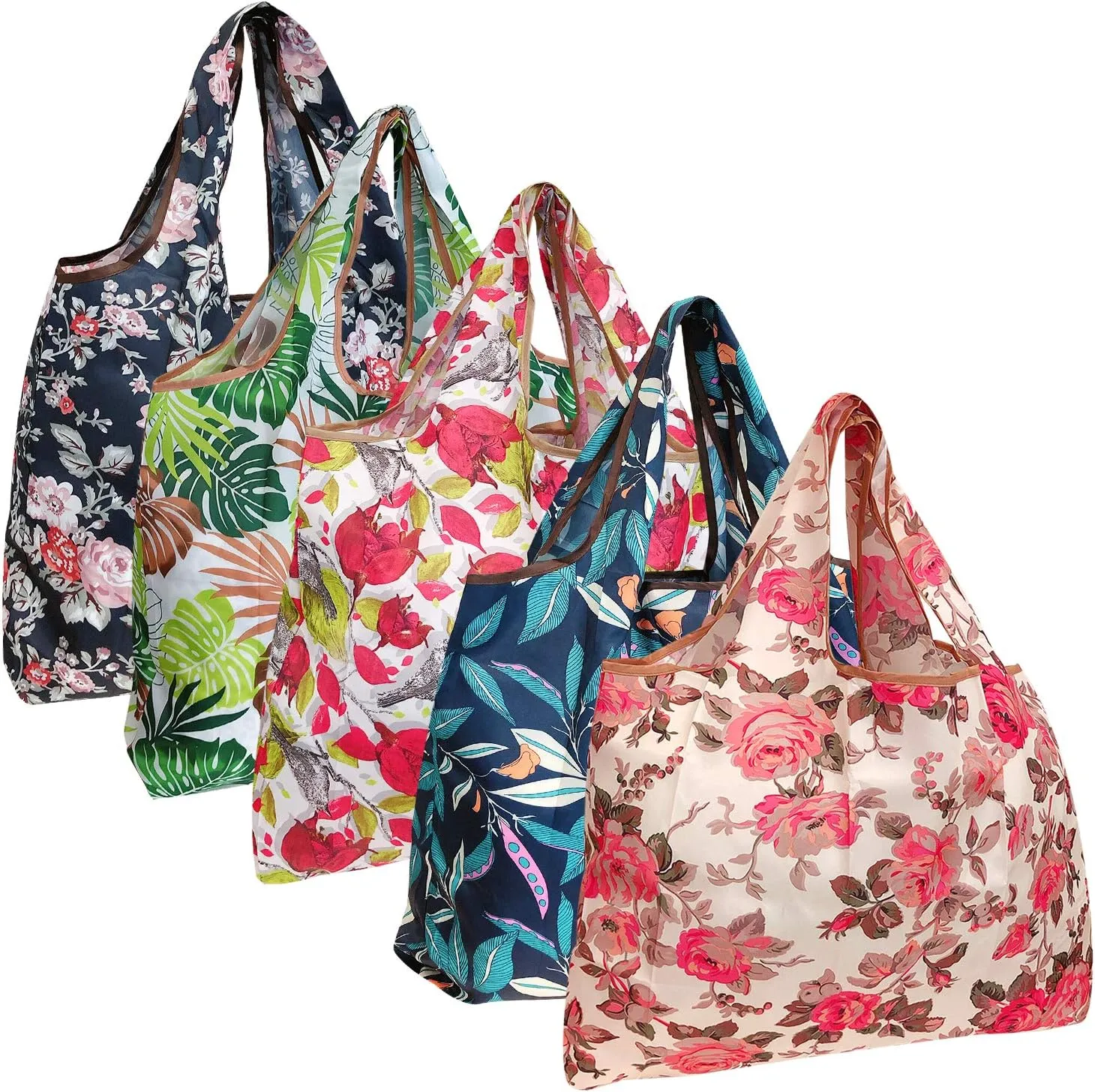 allydrew Large Foldable Tote Nylon Reusable Grocery Bags, 5 Pack