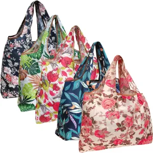 allydrew Large Foldable Tote Nylon Reusable Grocery Bags, 5 Pack