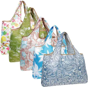 allydrew Large Foldable Tote Nylon Reusable Grocery Bags, 5 Pack