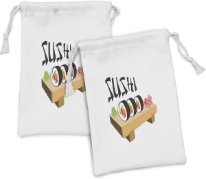 Ambesonne Wasabi Fabric Pouch Set of 2, Sushi Lettering with Japanese Characterize Letters and Wooden Folk Food Plate Doodle, Small Drawstring Bag for Toiletries Masks and Favors, 9" x 6", Multicolor