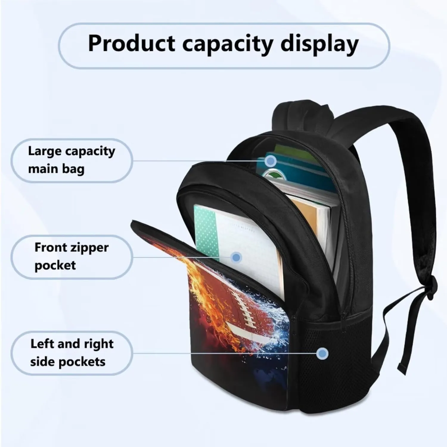 Americal Football Backpack Set of 4 Sports Backpack 17 in Black Boy Backpack Cool Design Casual Daypack School Bookbags for Kids' Backpack with Lunch Bag and Pencil Case