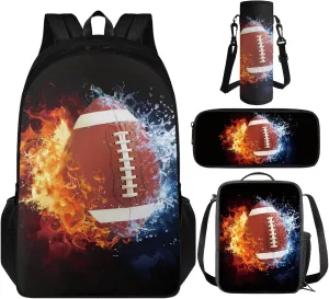 Americal Football Backpack Set of 4 Sports Backpack 17 in Black Boy Backpack Cool Design Casual Daypack School Bookbags for Kids' Backpack with Lunch Bag and Pencil Case