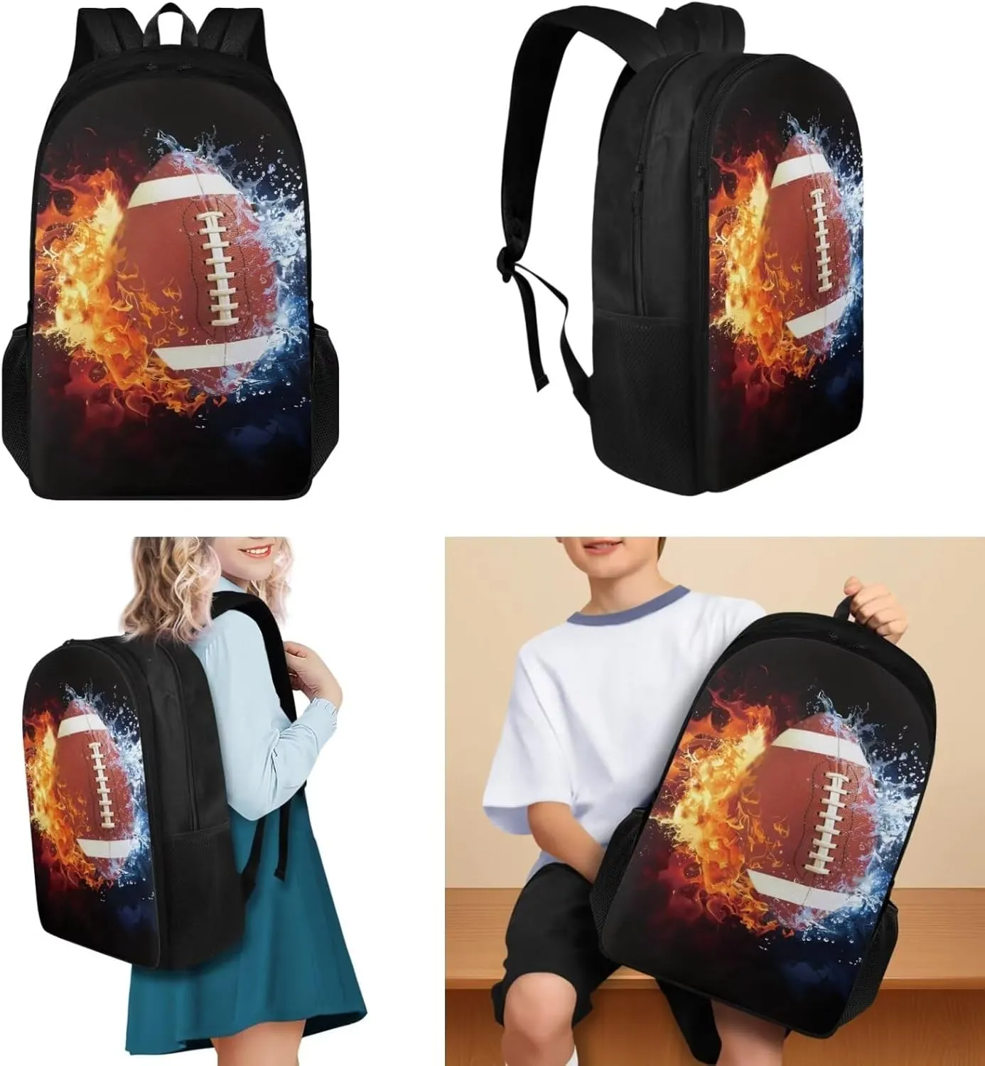 Americal Football Backpack Set of 4 Sports Backpack 17 in Black Boy Backpack Cool Design Casual Daypack School Bookbags for Kids' Backpack with Lunch Bag and Pencil Case