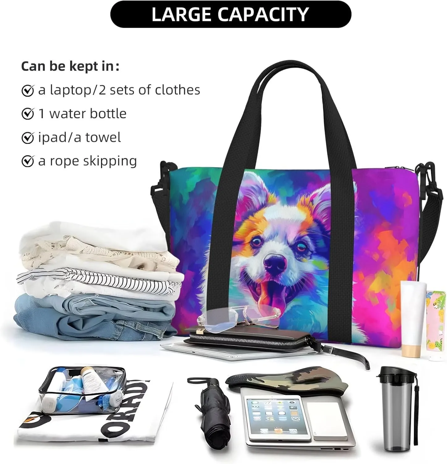 american eskimo colorful print Travel Duffel Bag, Sports Tote Gym Bag, Swim Pool Bag Large Shoulder Tote Bag for Beach Weekender
