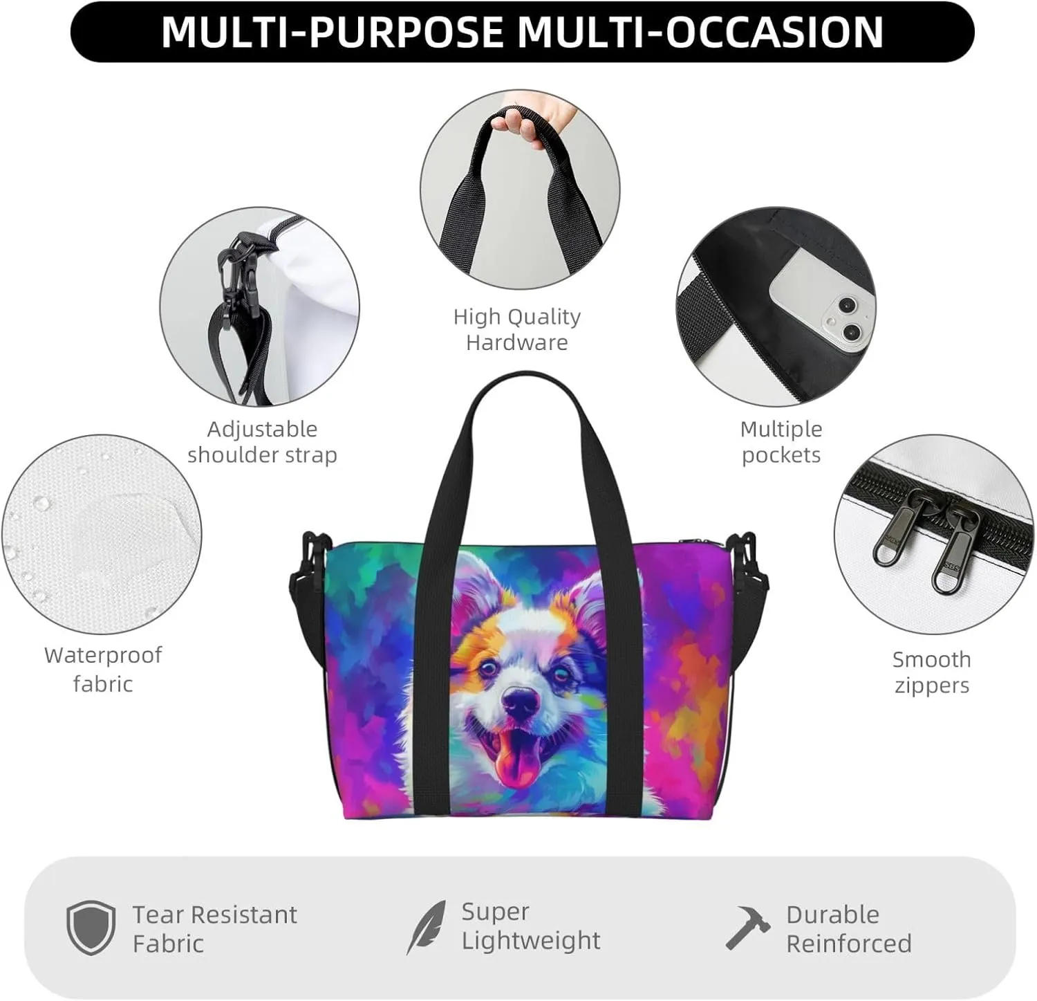 american eskimo colorful print Travel Duffel Bag, Sports Tote Gym Bag, Swim Pool Bag Large Shoulder Tote Bag for Beach Weekender