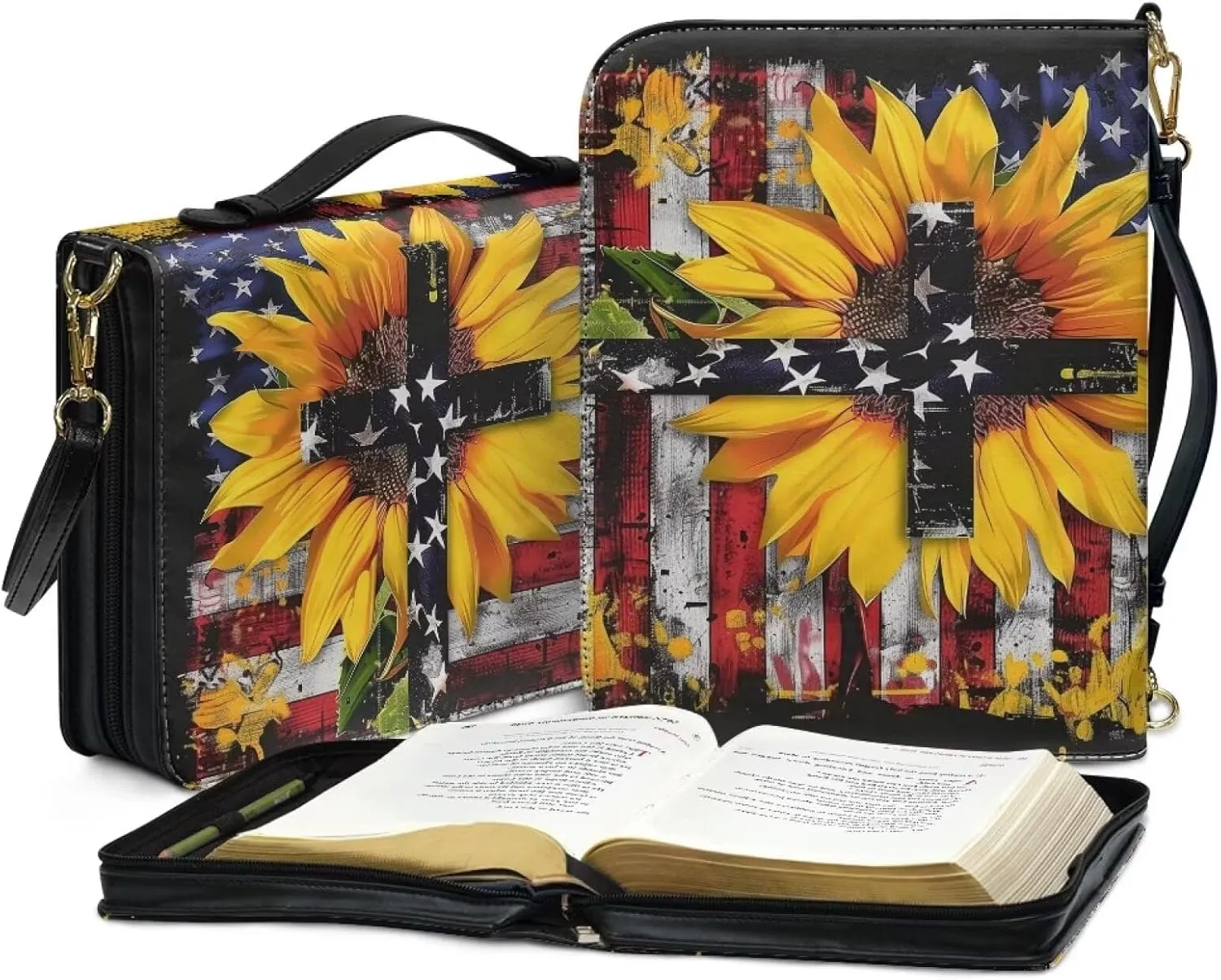 American Flag Bible Cover Case for Women, Sunflower Bible Holder for Men, Cross Bible Tote Bag with Detachable Shoulder Strap, Bible Bags Waterproof Scripture Bag, Multicolor, XL