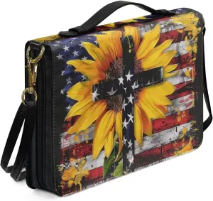 American Flag Bible Cover Case for Women, Sunflower Bible Holder for Men, Cross Bible Tote Bag with Detachable Shoulder Strap, Bible Bags Waterproof Scripture Bag, Multicolor, XL