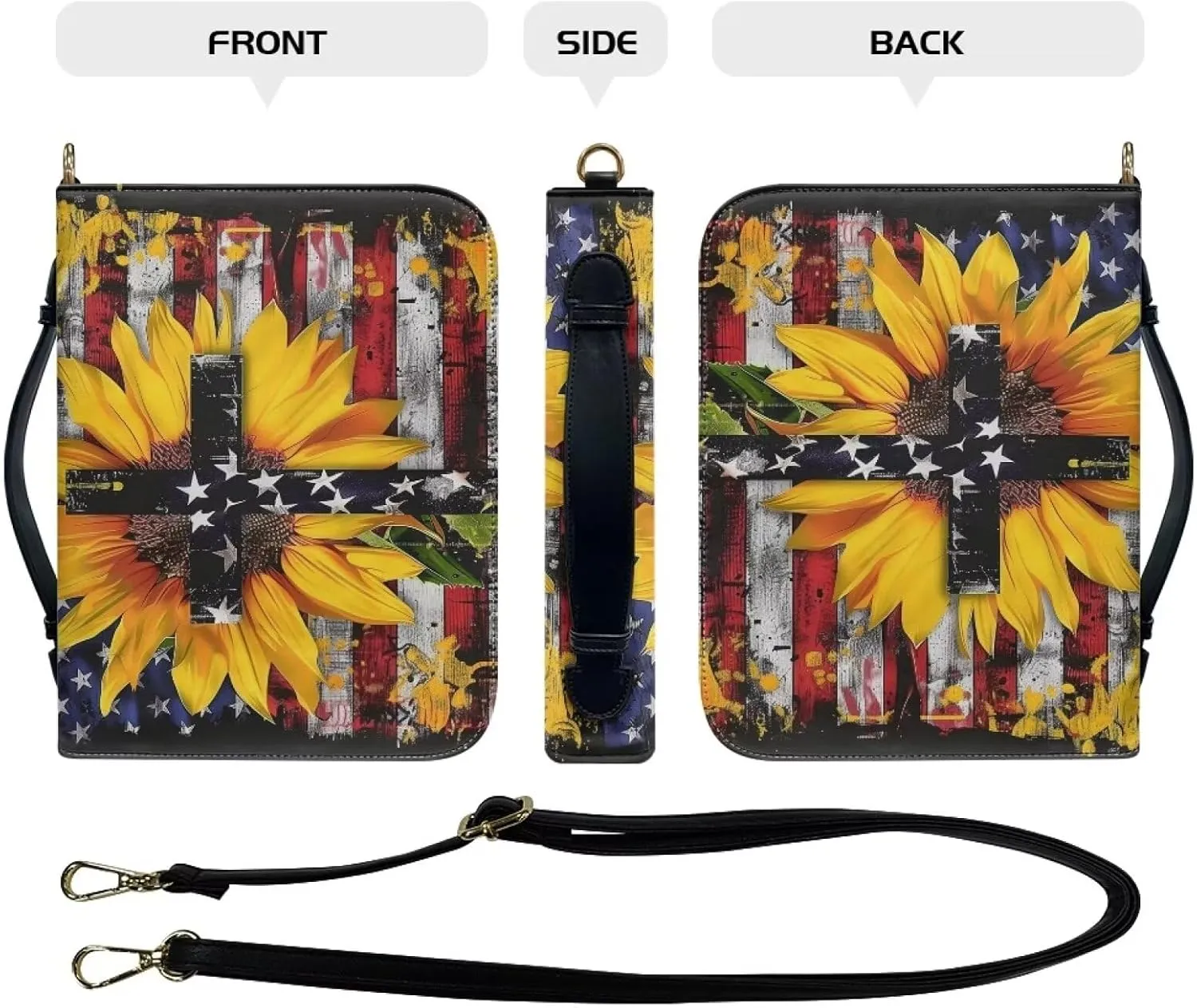 American Flag Bible Cover Case for Women, Sunflower Bible Holder for Men, Cross Bible Tote Bag with Detachable Shoulder Strap, Bible Bags Waterproof Scripture Bag, Multicolor, XL