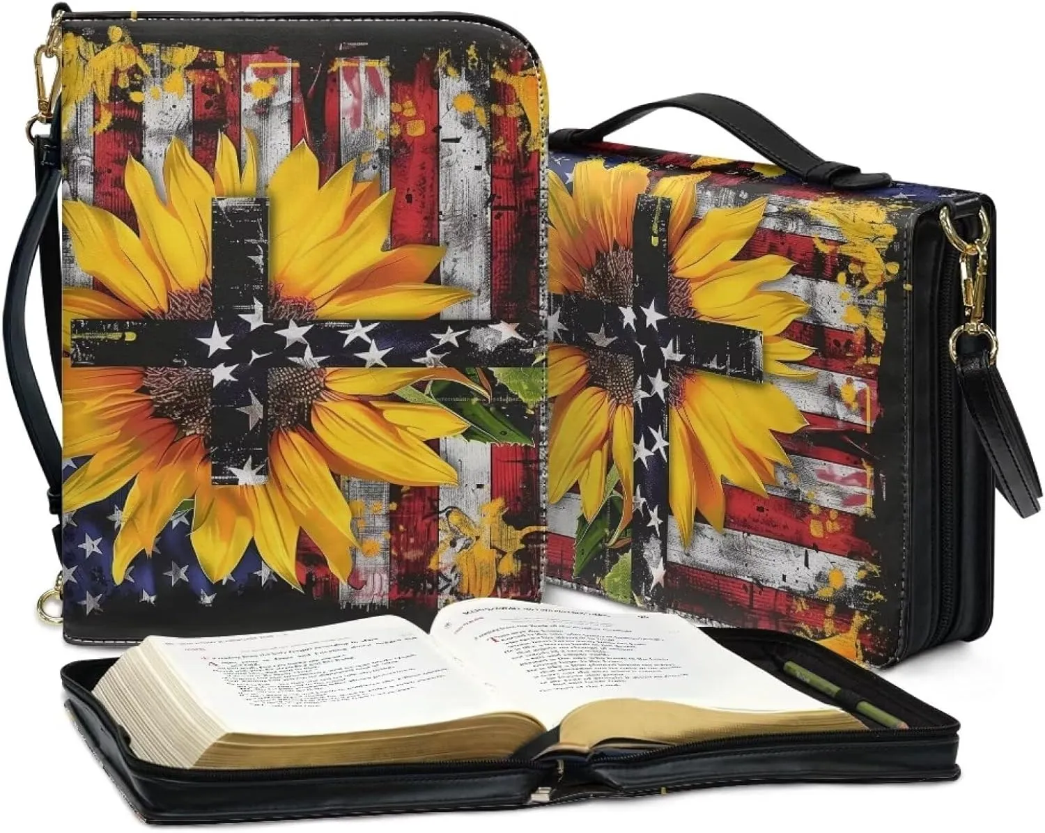American Flag Bible Cover Case for Women, Sunflower Bible Holder for Men, Cross Bible Tote Bag with Detachable Shoulder Strap, Bible Bags Waterproof Scripture Bag, Multicolor, XL