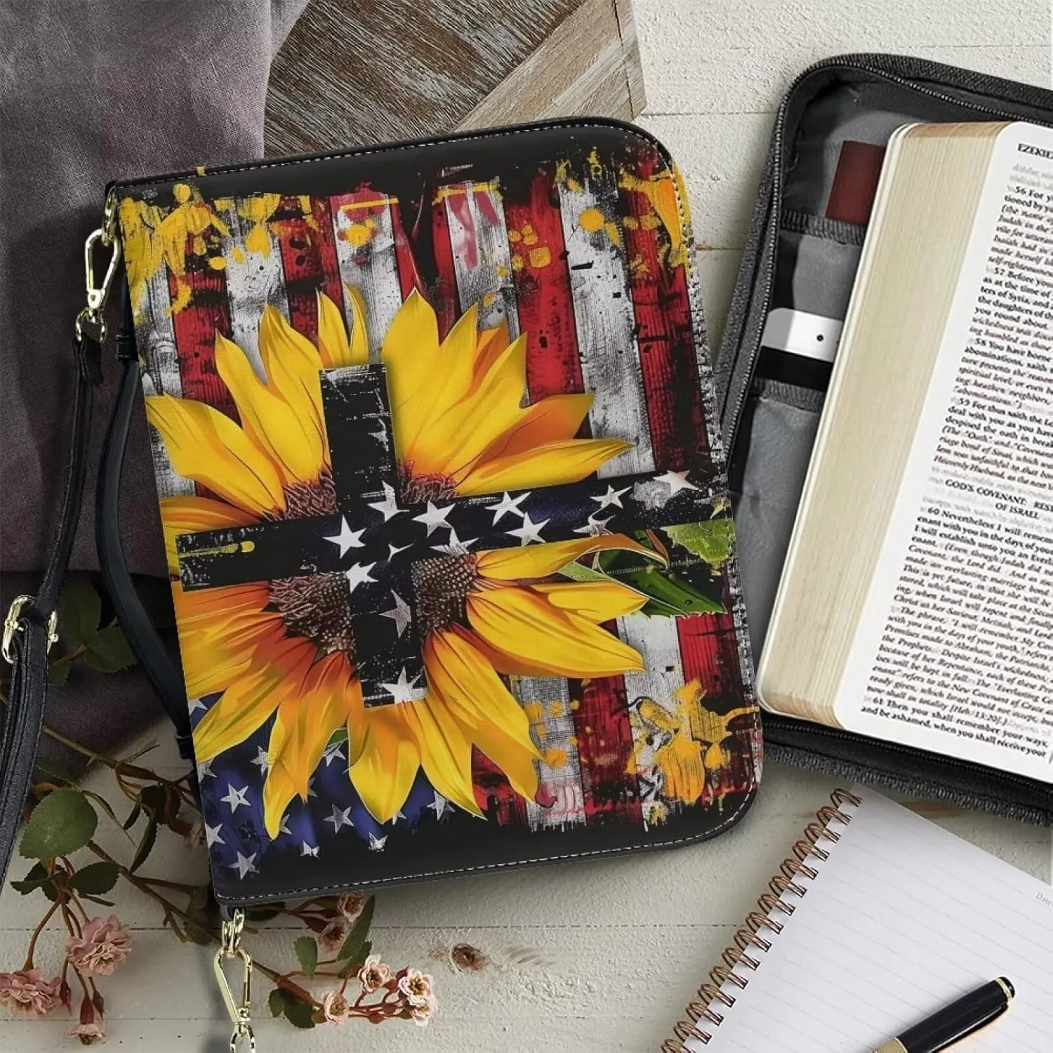 American Flag Bible Cover Case for Women, Sunflower Bible Holder for Men, Cross Bible Tote Bag with Detachable Shoulder Strap, Bible Bags Waterproof Scripture Bag, Multicolor, XL