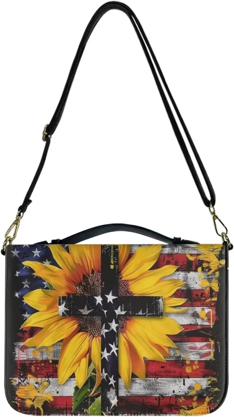 American Flag Bible Cover Case for Women, Sunflower Bible Holder for Men, Cross Bible Tote Bag with Detachable Shoulder Strap, Bible Bags Waterproof Scripture Bag, Multicolor, XL