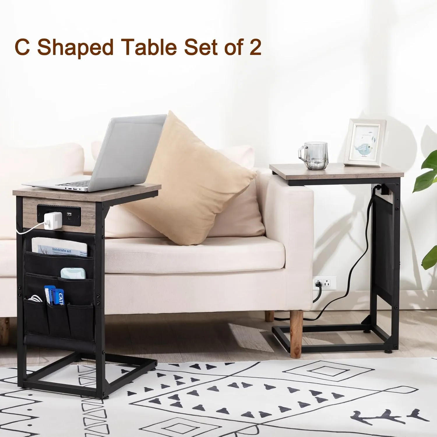 AMHANCIBLE C Shaped End Table with Charging Station, TV Tray Set of 2, Couch Tables with Storage Bag, Slide Under Sofa Side Table with USB Ports and Outlets for Living Room, Grey HET04CGY