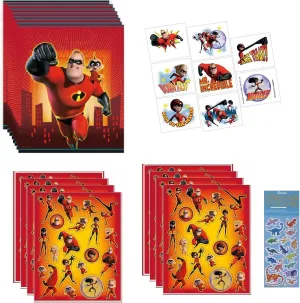 Amscan The Incredibles Birthday Party Supplies Bundle includes 8 Loot Bags, 8 Tattoos, 8 Sticker Sheet with 160 Stickers, 1 Dinosaur Sticker Sheet