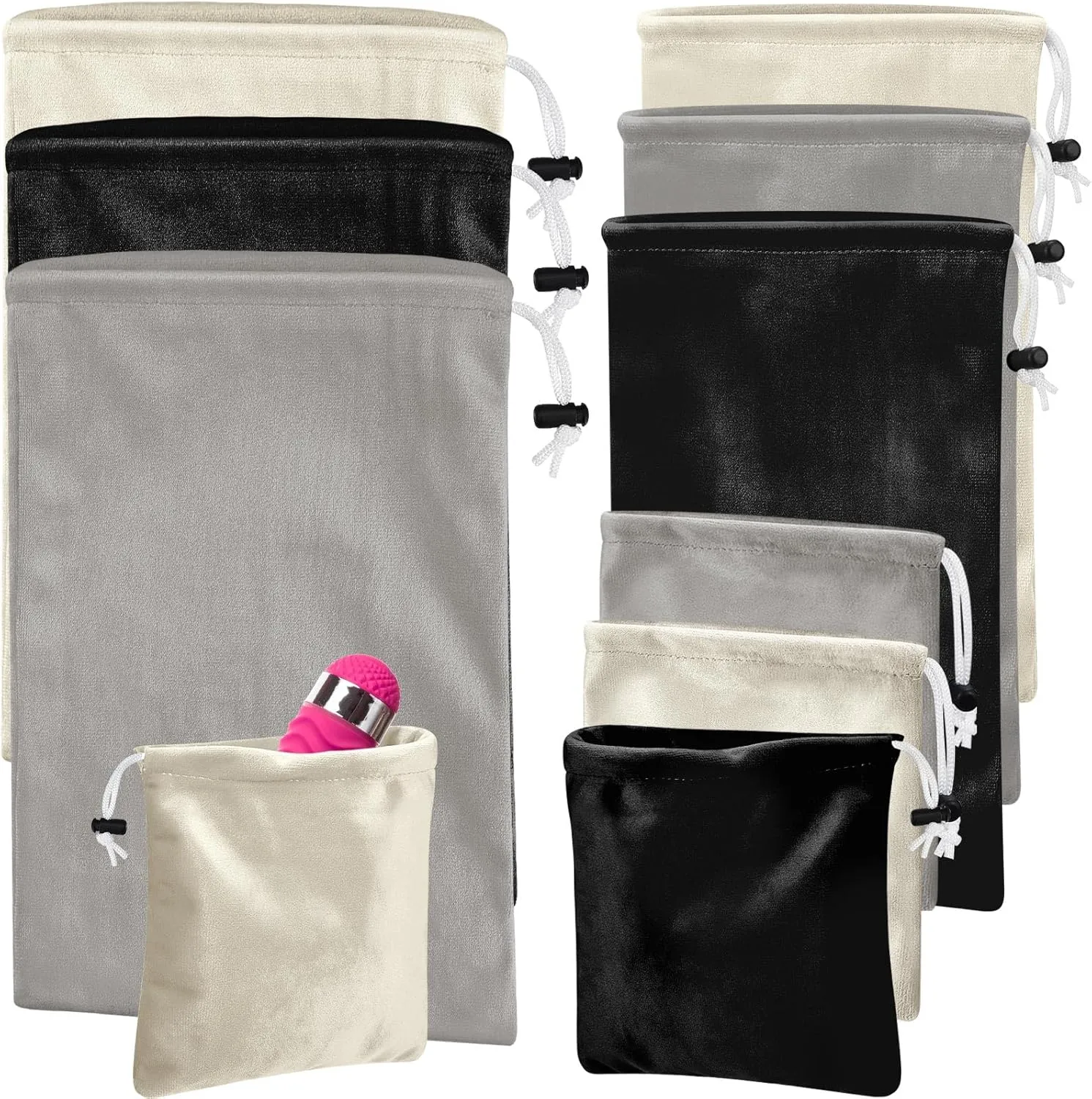 Amylove 9 Pcs Satin Game Toy Storage Bag Silk Drawstring Bags Gift Bags Pouches for Lightweight Toys Organizer Stuff Sack Foldable Travel Pouch for Women, 3 Sizes(Black, Beige, Light Gray)