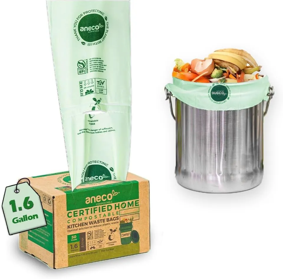 ANECO 100% Home Compostable Food Waste Bags (1.6 Gallon Trash Bags, 50 Count), Small Kitchen Compost Bags for Countertop Bin, Certified by BPI (ASTM D6400), TUV Austria & OK Compost Home