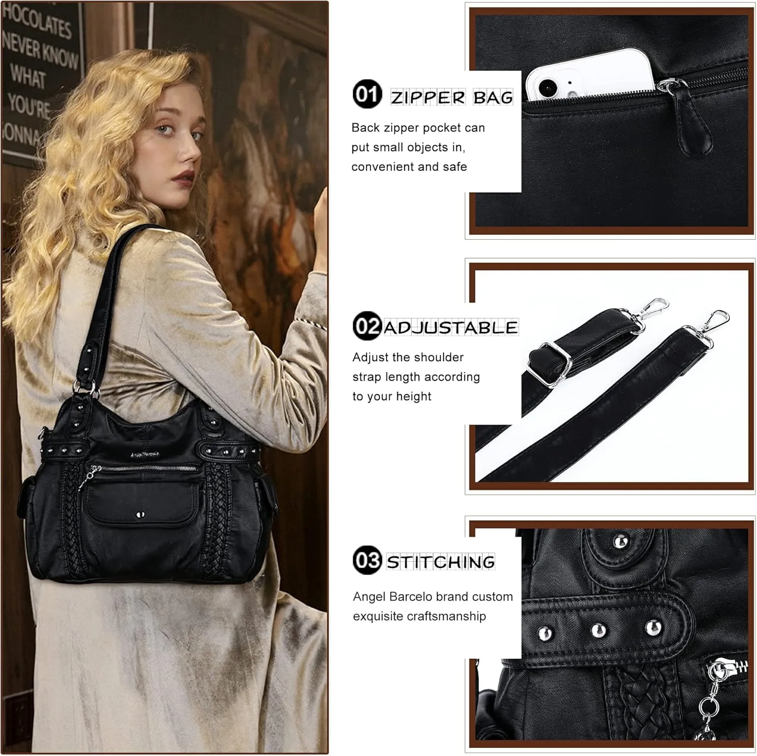 Angel Barcelo Roomy Fashion Hobo Womens Handbags Ladies Purse Satchel Shoulder Bags Tote Washed Leather Bag