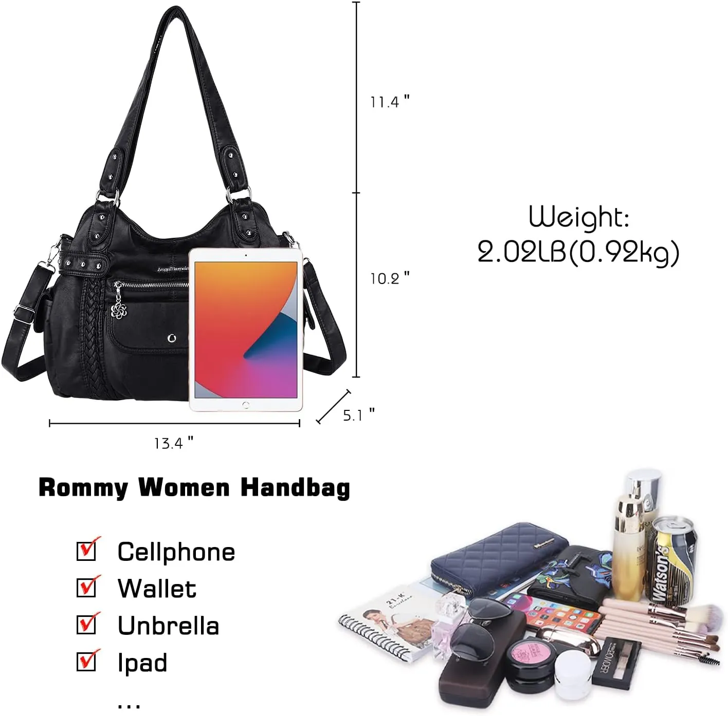 Angel Barcelo Roomy Fashion Hobo Womens Handbags Ladies Purse Satchel Shoulder Bags Tote Washed Leather Bag