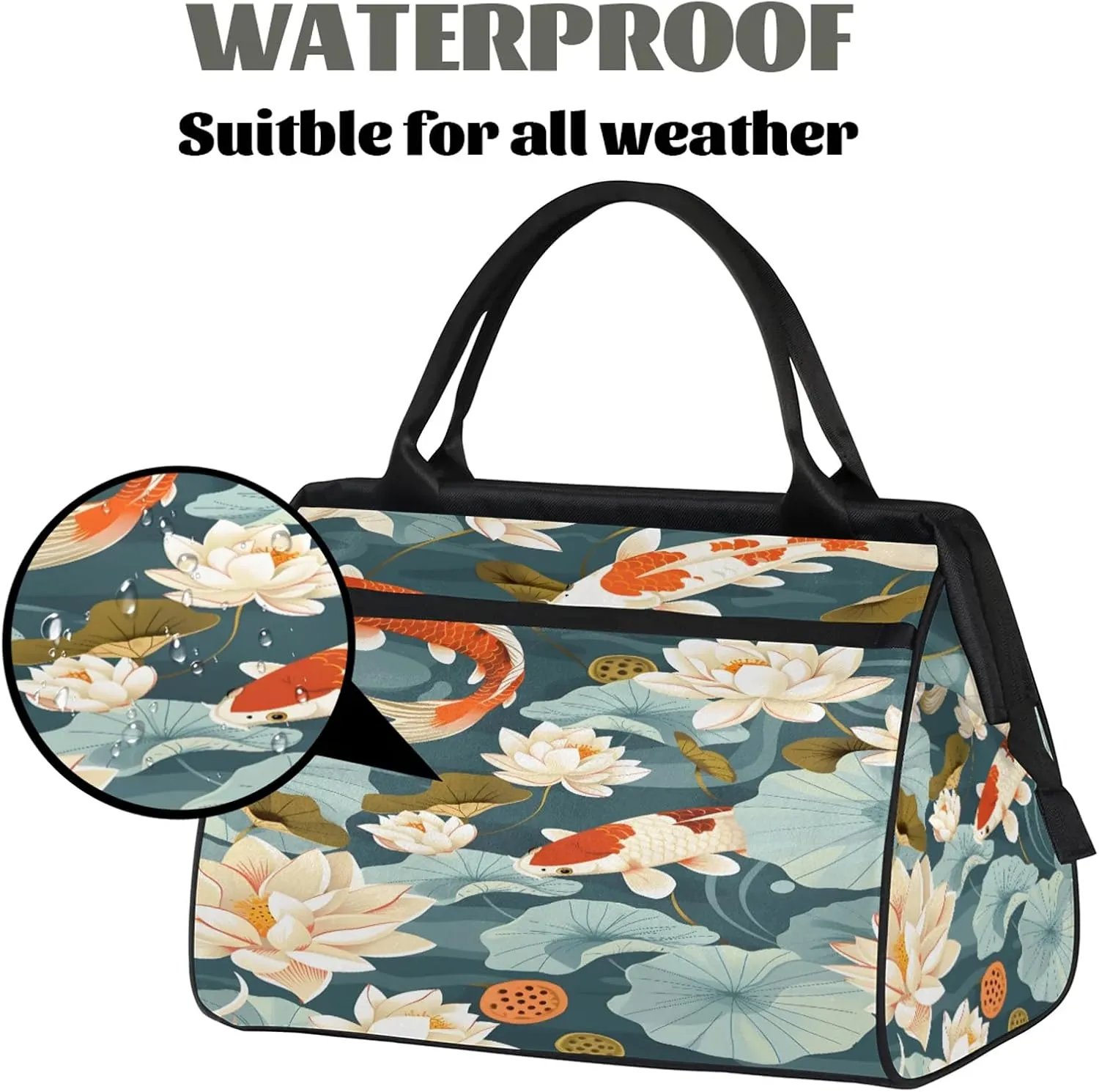 Animal Flower Fish Japanese Travel Duffel Bag Gym Tote Bag for Women Men Waterproof Weekend Overnight Bag Carry On Tote Luggage with Pocket Personal Item Bags Sports Bag fit Travel Sports Gym Yoga