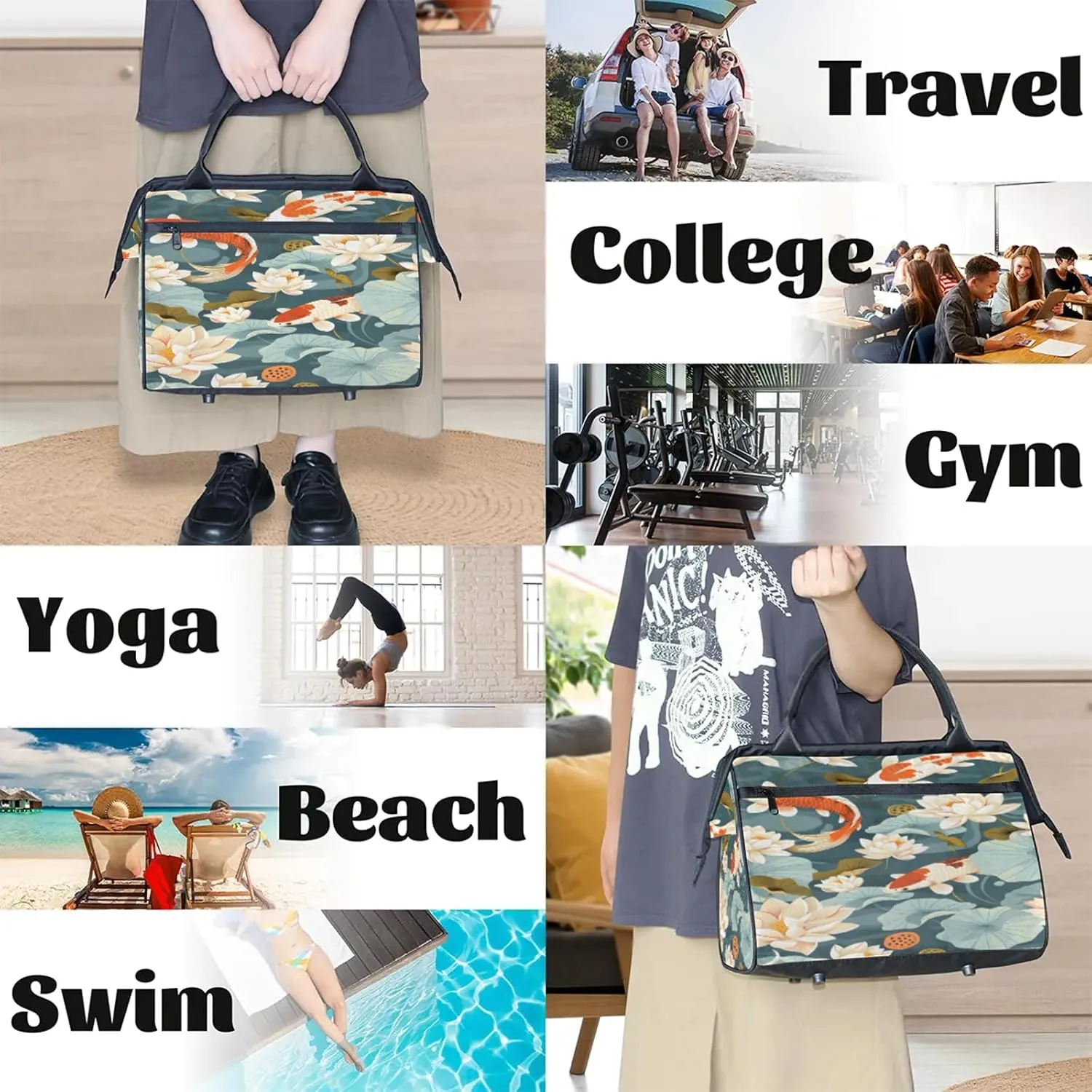 Animal Flower Fish Japanese Travel Duffel Bag Gym Tote Bag for Women Men Waterproof Weekend Overnight Bag Carry On Tote Luggage with Pocket Personal Item Bags Sports Bag fit Travel Sports Gym Yoga
