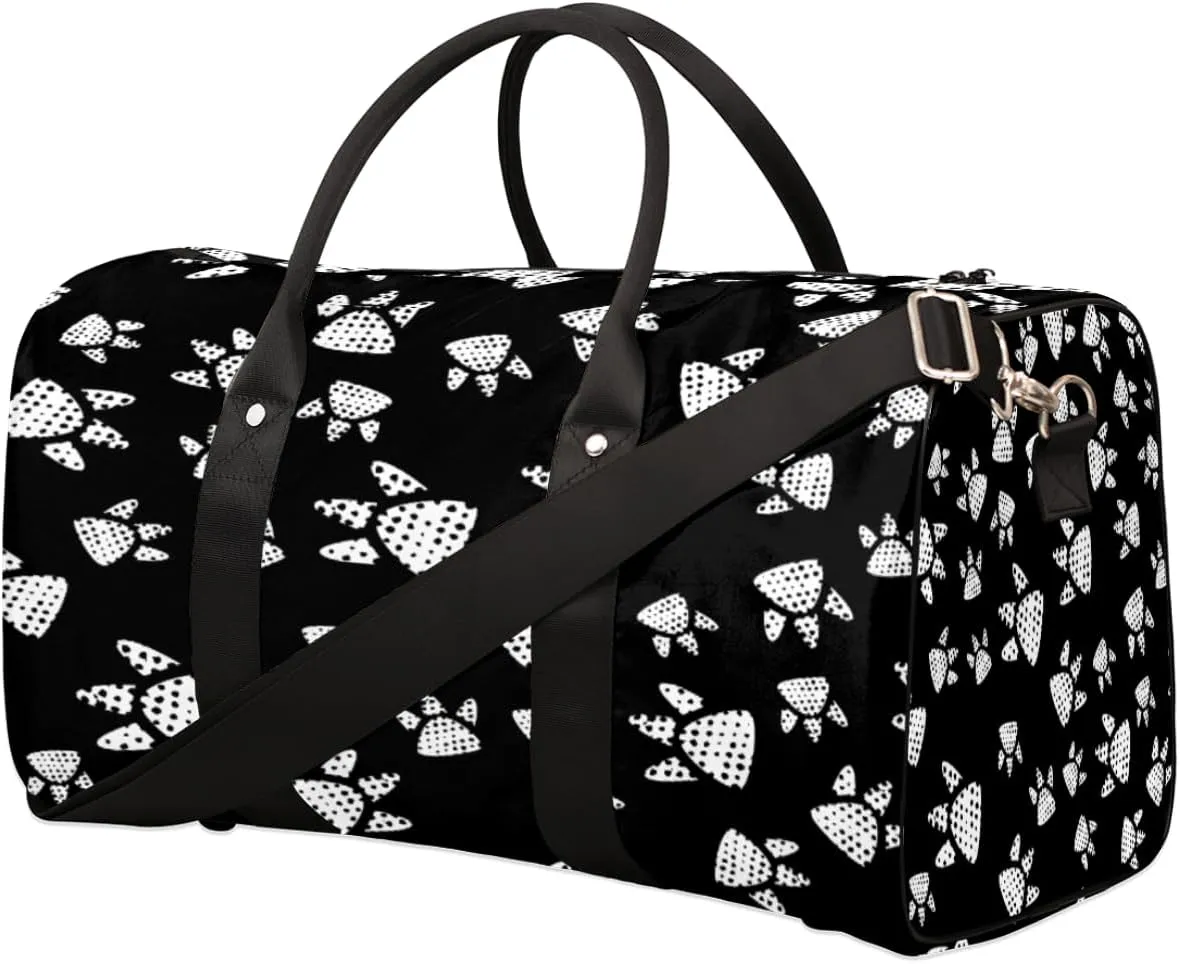 Animal Footprint Paw Travel Duffel Bag, Black Sports Tote Gym Bag, Foldable Weekender Overnight Bag, Luggage Handle Bag for Women Men
