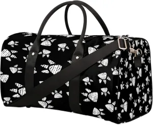 Animal Footprint Paw Travel Duffel Bag, Black Sports Tote Gym Bag, Foldable Weekender Overnight Bag, Luggage Handle Bag for Women Men