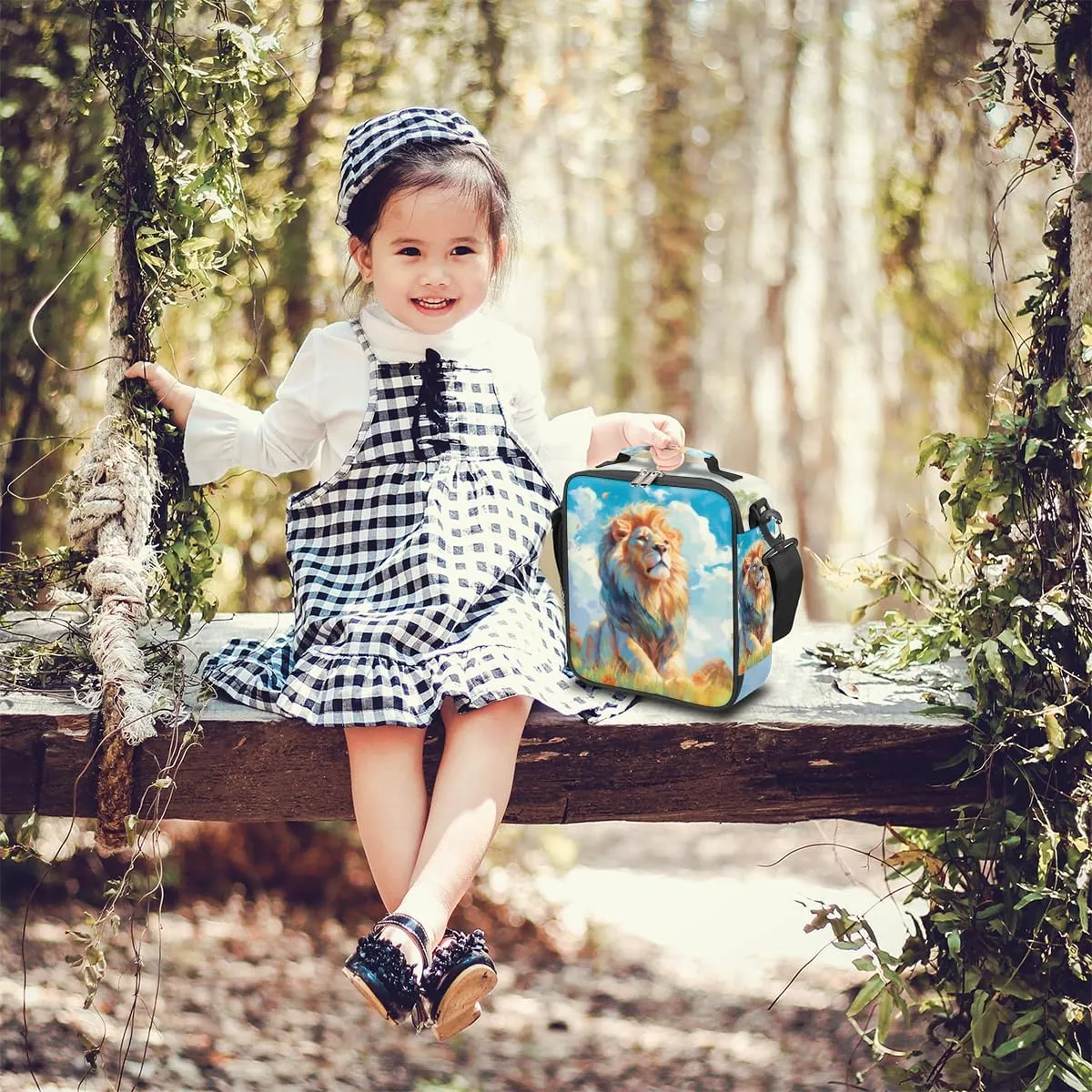 Animal Lunch Box for Kids, Watercolor Lion Grassland Lunch Bag for Boys Girls, Reusable Insulated Waterproof Lunch Box with Adjustable Shoulder Strap Thermal Cooler Tote Bag for School Daycare Picnic