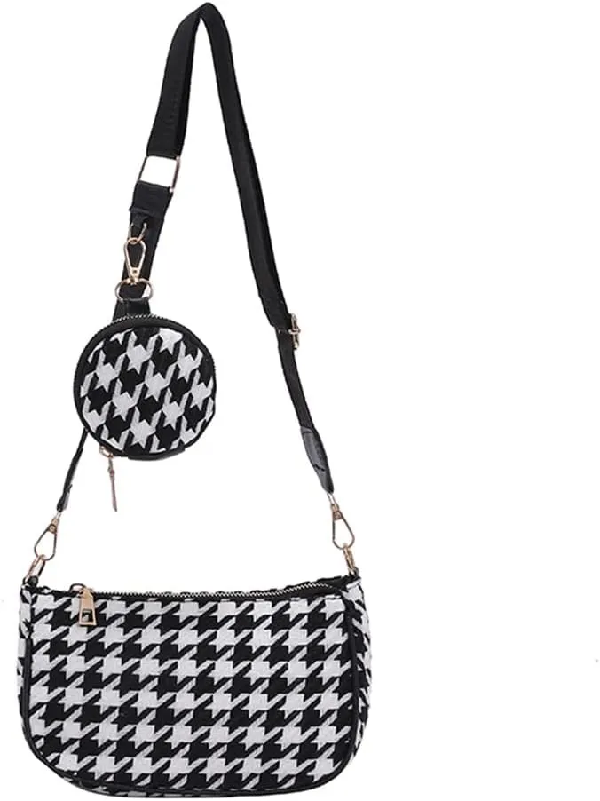 ANKOMINA Women Fashion Houndstooth Printed Crossbody Shoulder Bag Lady Small Clutch Handbag with Mini Wallet Coin Purse
