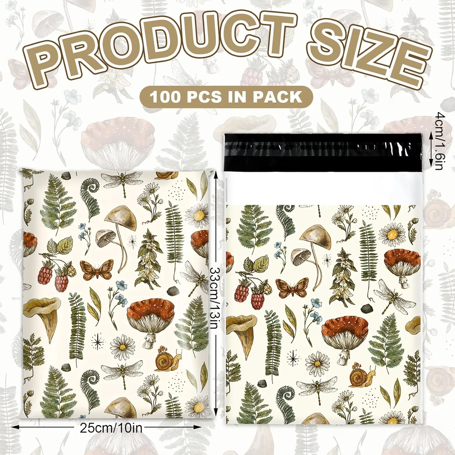 AnyDesign 100Pcs Vintage Mushroom Poly Mailers 10 x 13 Inch Retro Mushroom Plant Envelopes Mailers Bulk Self-Sealing Plastic Packaging Mailing Bags for Small Business