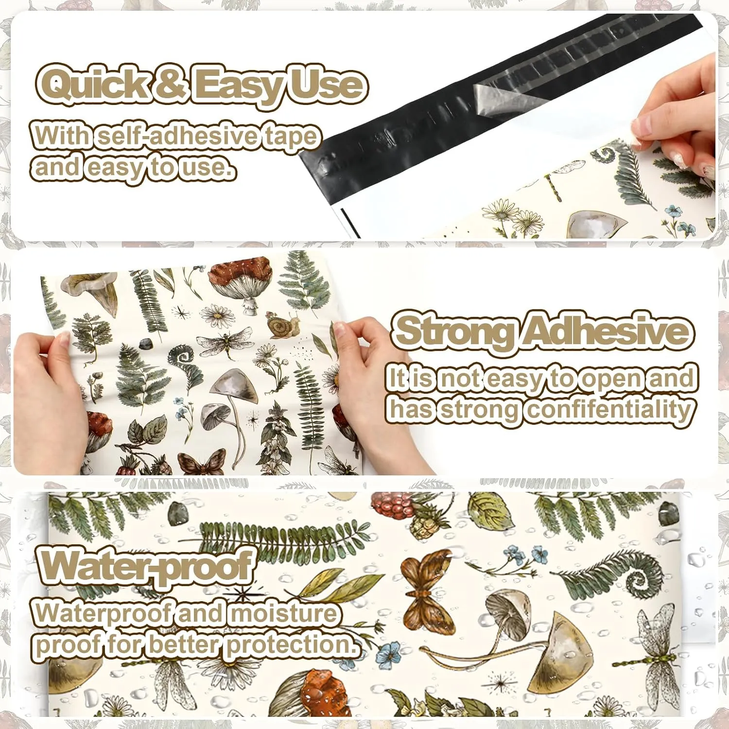 AnyDesign 100Pcs Vintage Mushroom Poly Mailers 10 x 13 Inch Retro Mushroom Plant Envelopes Mailers Bulk Self-Sealing Plastic Packaging Mailing Bags for Small Business