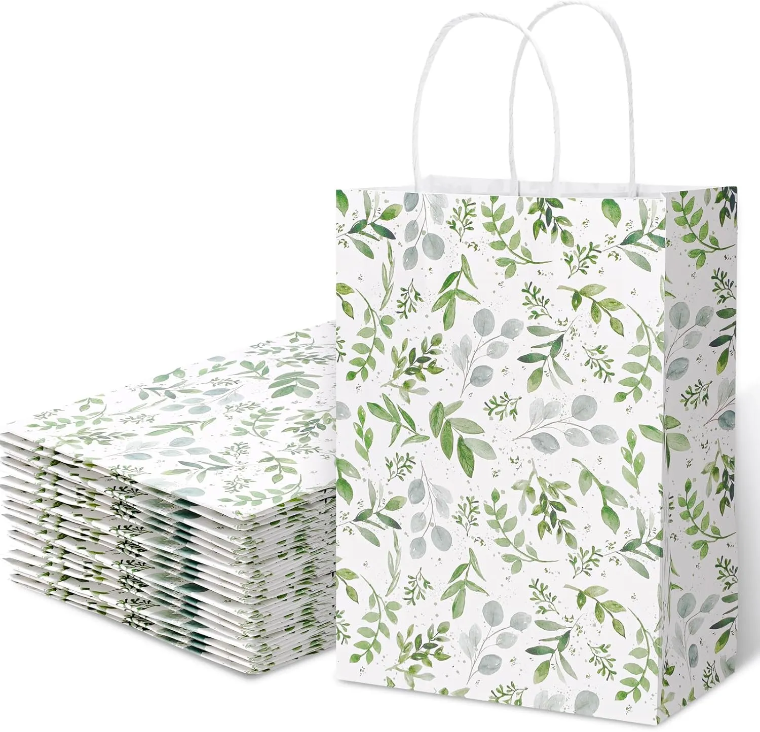 AnyDesign 12 Pack Greenery Paper Bags Bulk Watercolor Green Leaves Gift Bag with Handle Candy Goodie Treat Bags for Spring Wedding Birthday Baby Shower Party Favor Supplies, 5.9 x 8.3 x 3.1 Inch
