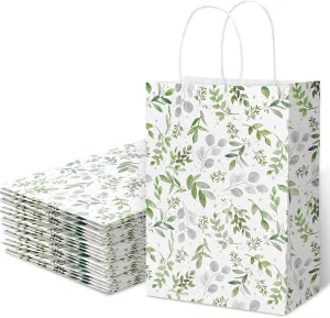 AnyDesign 12 Pack Greenery Paper Bags Bulk Watercolor Green Leaves Gift Bag with Handle Candy Goodie Treat Bags for Spring Wedding Birthday Baby Shower Party Favor Supplies, 5.9 x 8.3 x 3.1 Inch