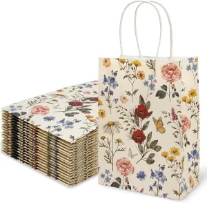AnyDesign 24Pcs Vintage Wildfloral Paper Gift Bags Wildflower Print Treat Bags with Handles Grocery Shopping Bags Candy Goodie Bags for Baby Shower Wedding Party Supplies