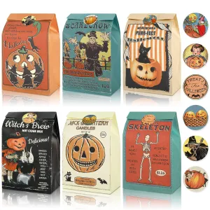 AnyDesign Vintage Halloween Treat Bags Bulk 48Pcs Paper Gift Bag with Stickers Retro Pumpkin Skeleton Witch Patterned Candy Goodie Trick or Treat Bags for Halloween Party Favor Birthday Supplies