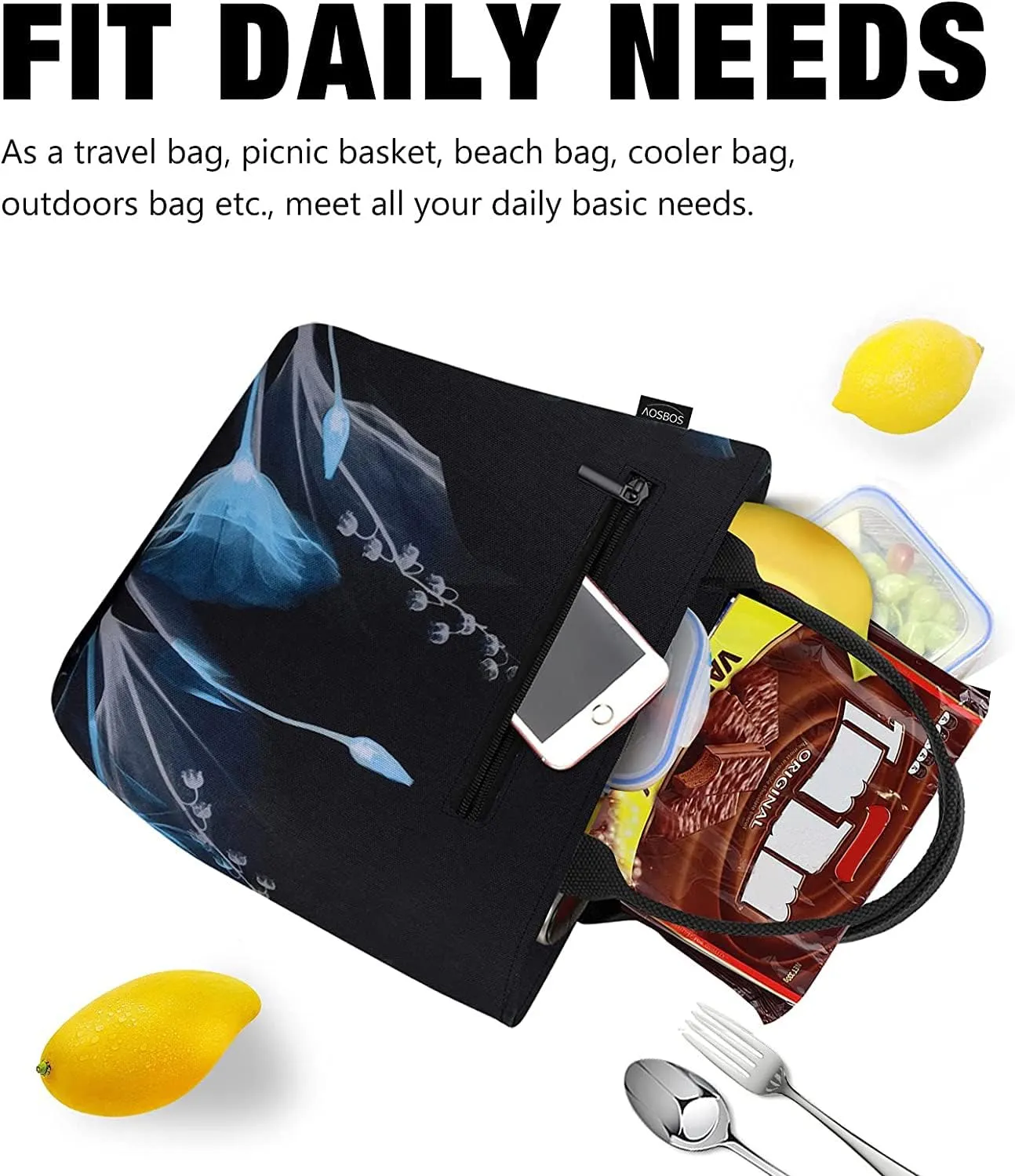 Aosbos Large Lunch Bags for Adult Lunch Box for Women Insulated LunchBox Soft Cooler Tote Bag Food Organizer Holder Lunchbag Black Dream Flower