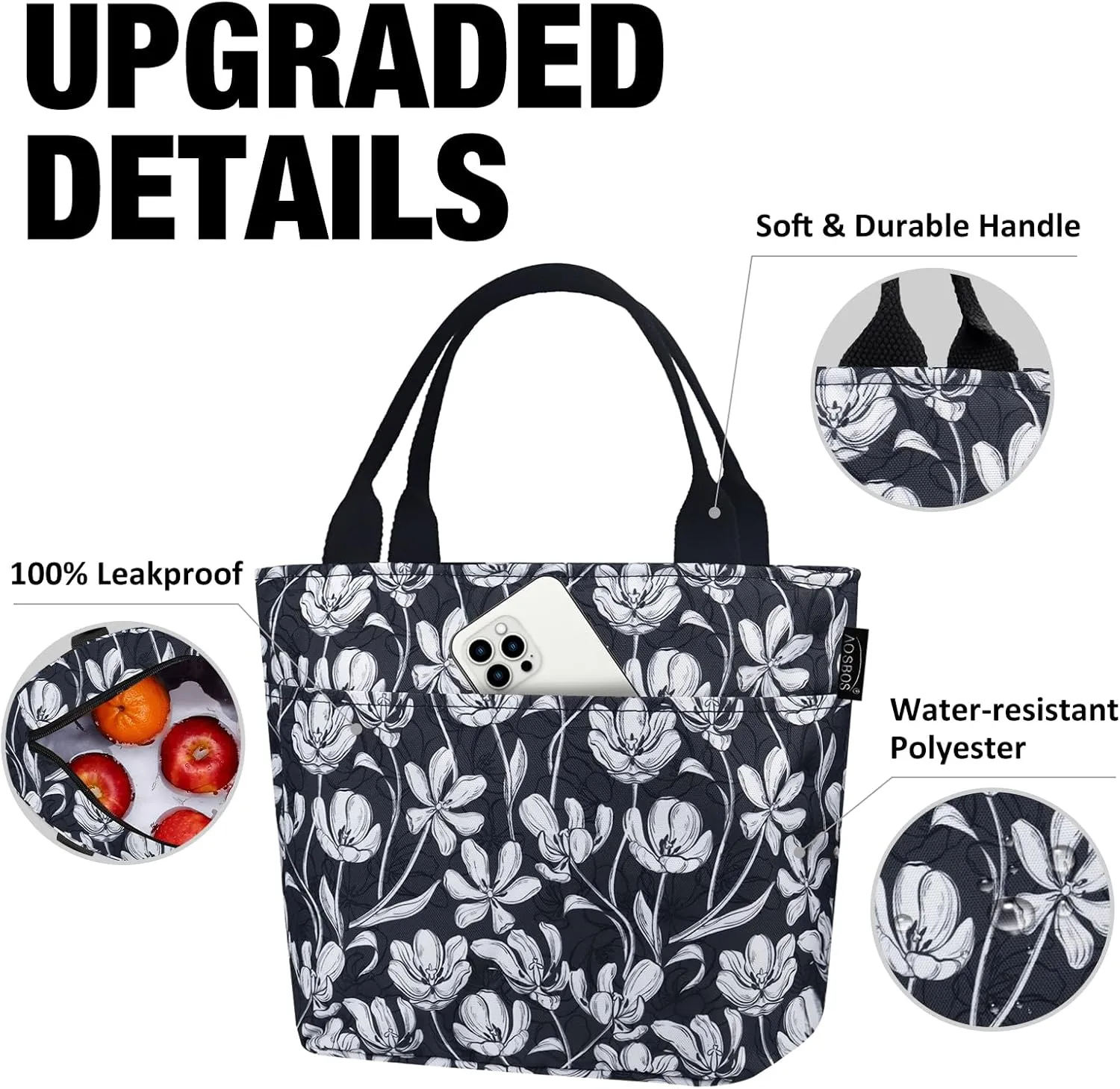 Aosbos Lunch Bag Women - Leakproof Insulated Lunch Bags for Adult Lunch Box for Women Lunch Tote Bag Lunch Cooler Bags Lunchbox Bag, Loncheras Para Mujer for Work Travel Picnic Gym, Tulip