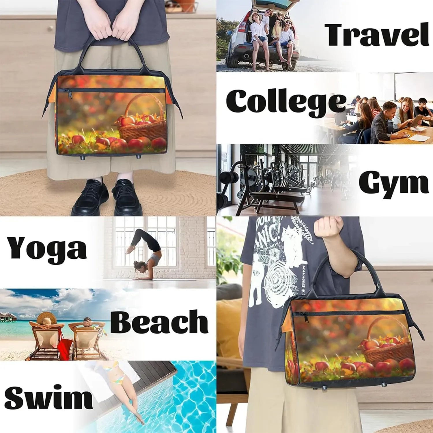 Apple Meadow Fall Travel Duffel Bag Gym Tote Bag for Women Men Waterproof Weekend Overnight Bag Carry On Tote Luggage with Pocket Personal Item Bags Sports Bag fit Travel Sports Gym Yoga