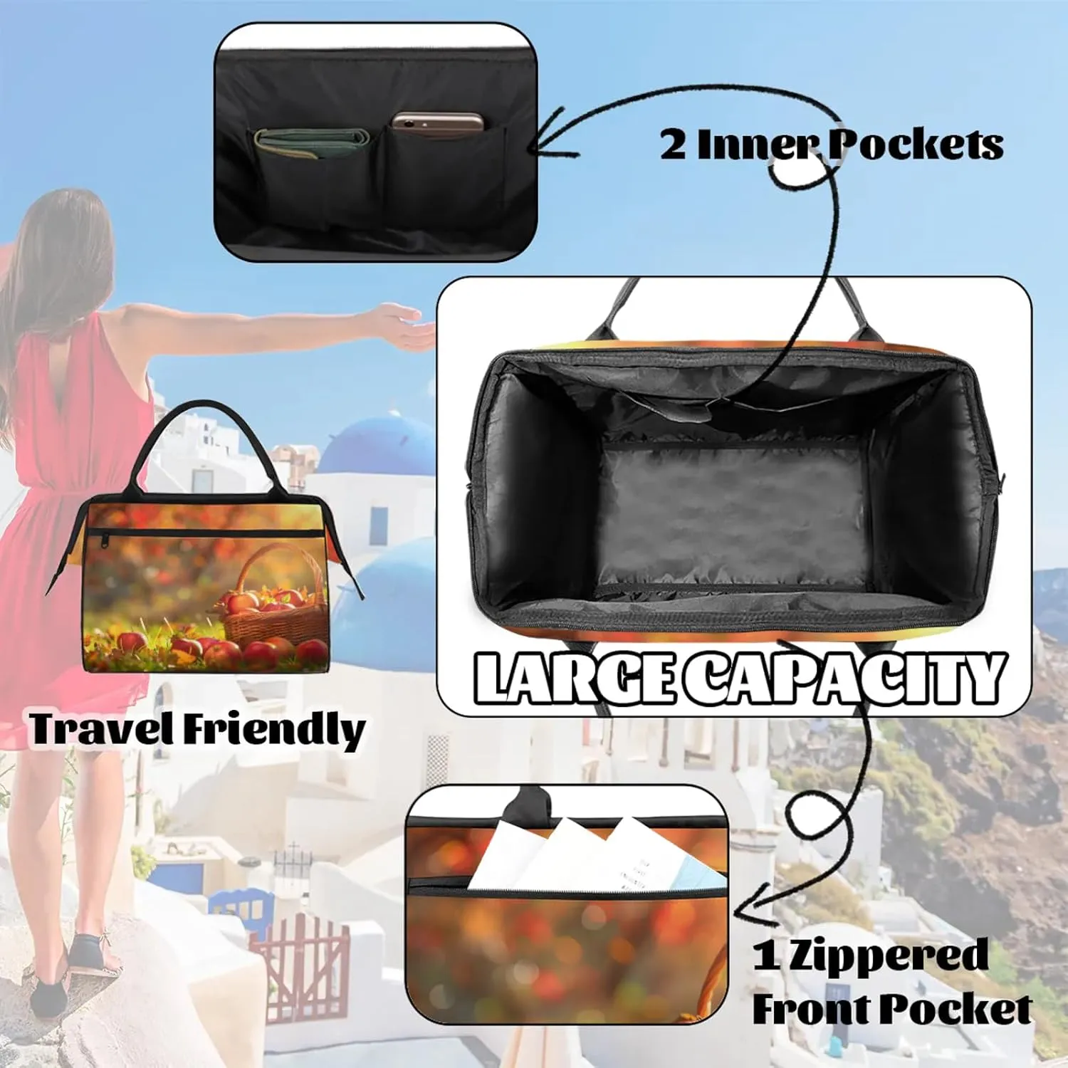 Apple Meadow Fall Travel Duffel Bag Gym Tote Bag for Women Men Waterproof Weekend Overnight Bag Carry On Tote Luggage with Pocket Personal Item Bags Sports Bag fit Travel Sports Gym Yoga