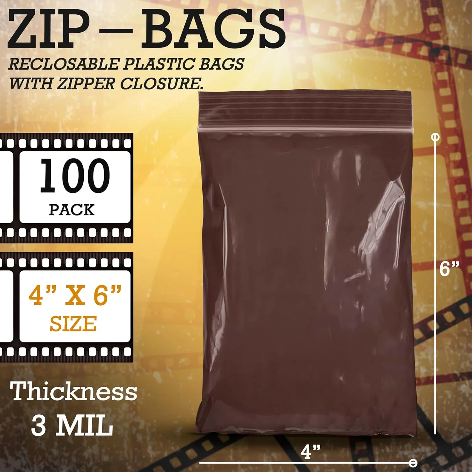 APQ Amber Zip Bags for Packaging, 4 x 6 inch. Pack of 100 Plastic Zip Baggies 3 Mil Thick. Water Resistant Reclosable Plastic Bags with Zipper Closure for Travel, Storage, Packaging and Shipping