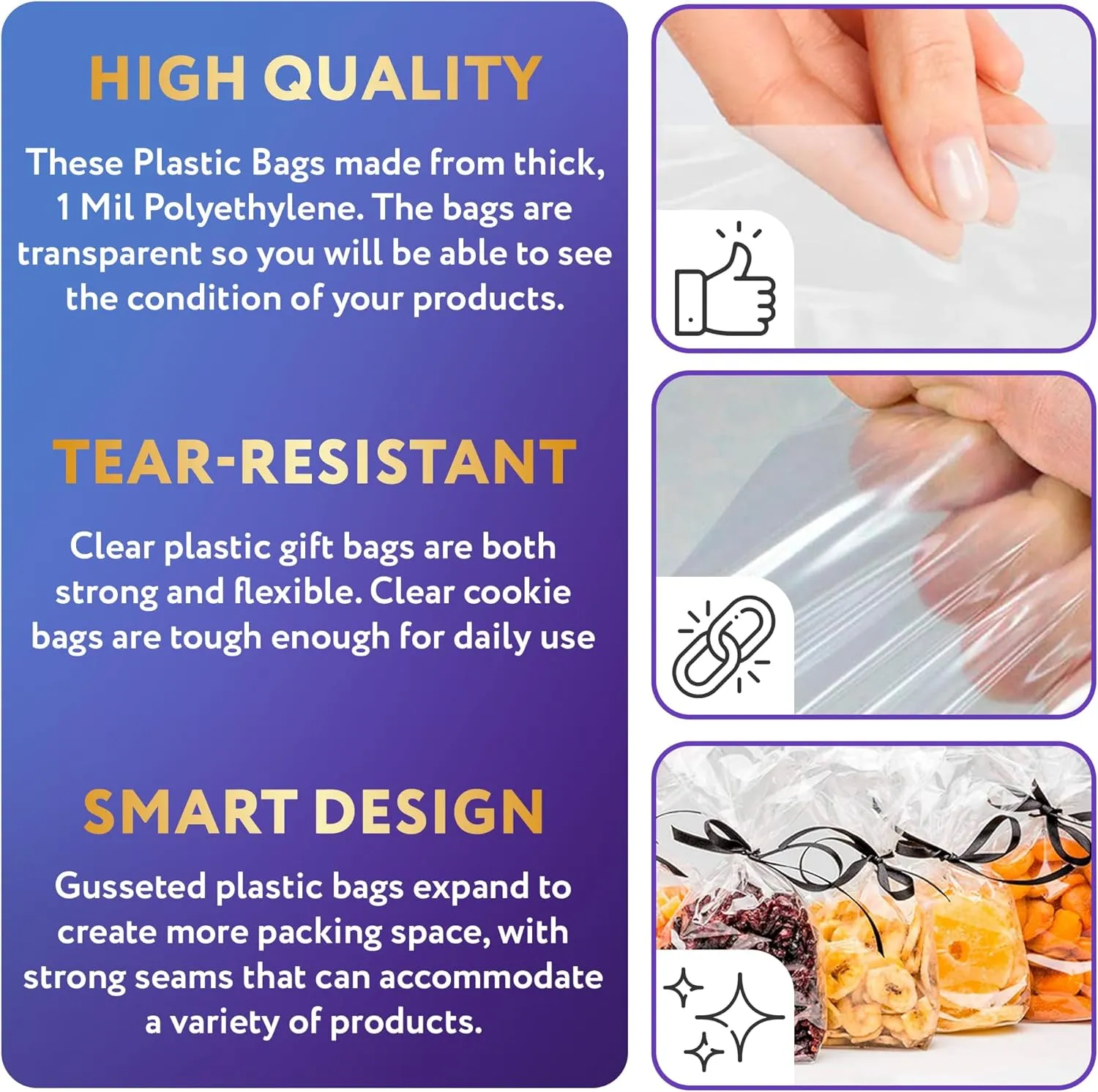 APQ Clear Gusseted Poly Bags, 12 x 8 x 30 Inch. Pack of 100 Gusseted Plastic Bags 1 Mil Thick for Favors with Open Top. Clear Plastic Bags for Packaging Cookies, Popcorn, Candies, Homemade Bread