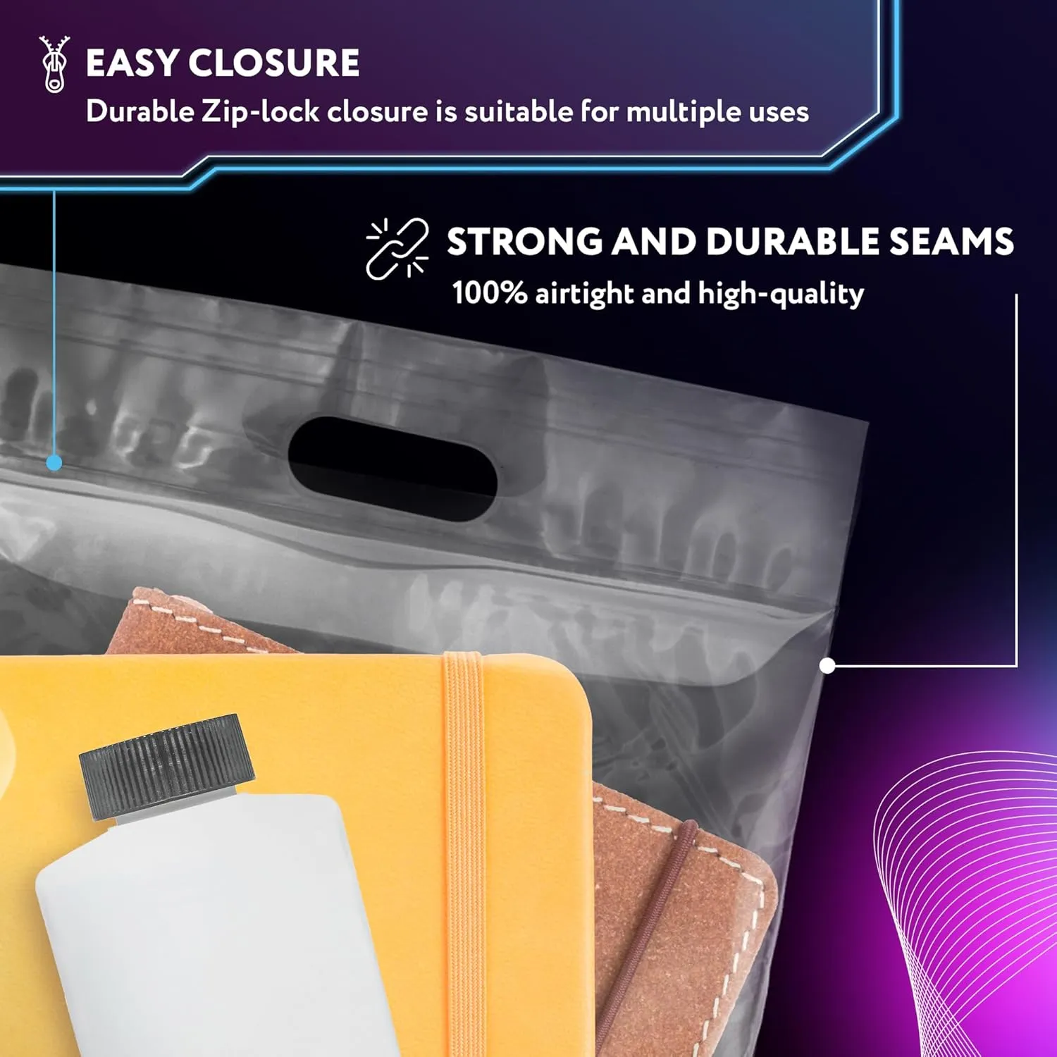 APQ Die Cut Zipper Bags, 12 x 12 Inches. Pack of 50 Clear Polyethylene Die Cut Handle Reclosable Zip Bags for Clothes, Tools. 3 Mil Thick Durable Reclosable Plastic Bags With Zipper Closure