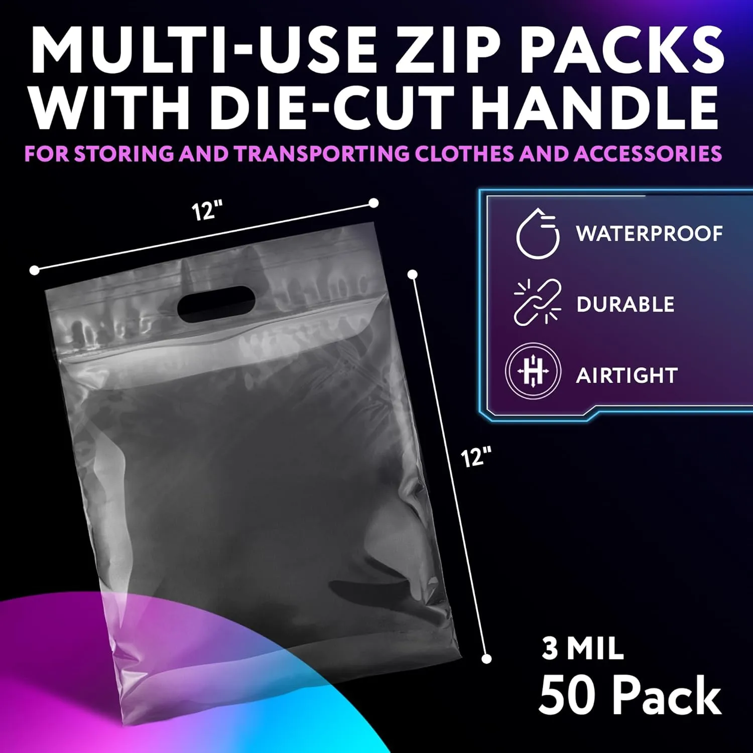 APQ Die Cut Zipper Bags, 12 x 12 Inches. Pack of 50 Clear Polyethylene Die Cut Handle Reclosable Zip Bags for Clothes, Tools. 3 Mil Thick Durable Reclosable Plastic Bags With Zipper Closure