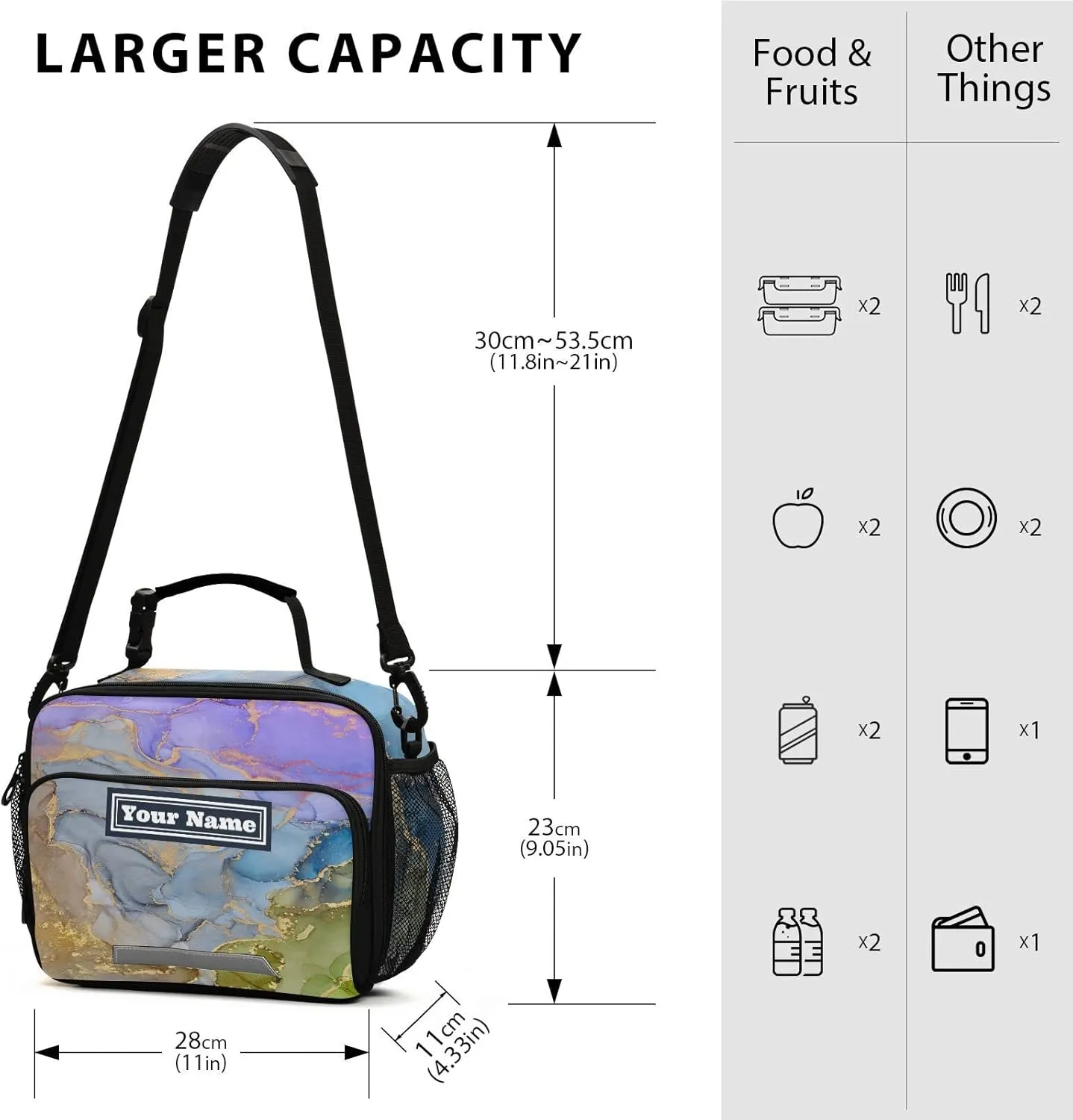 Aslsiy Custom Lunch Bag for Women Men Purple Green Ink Art Personalized Insulated Lunch Box Gold Foil Portable Handbag with Adjustable Shoulder Strap for Office Picnic Travel