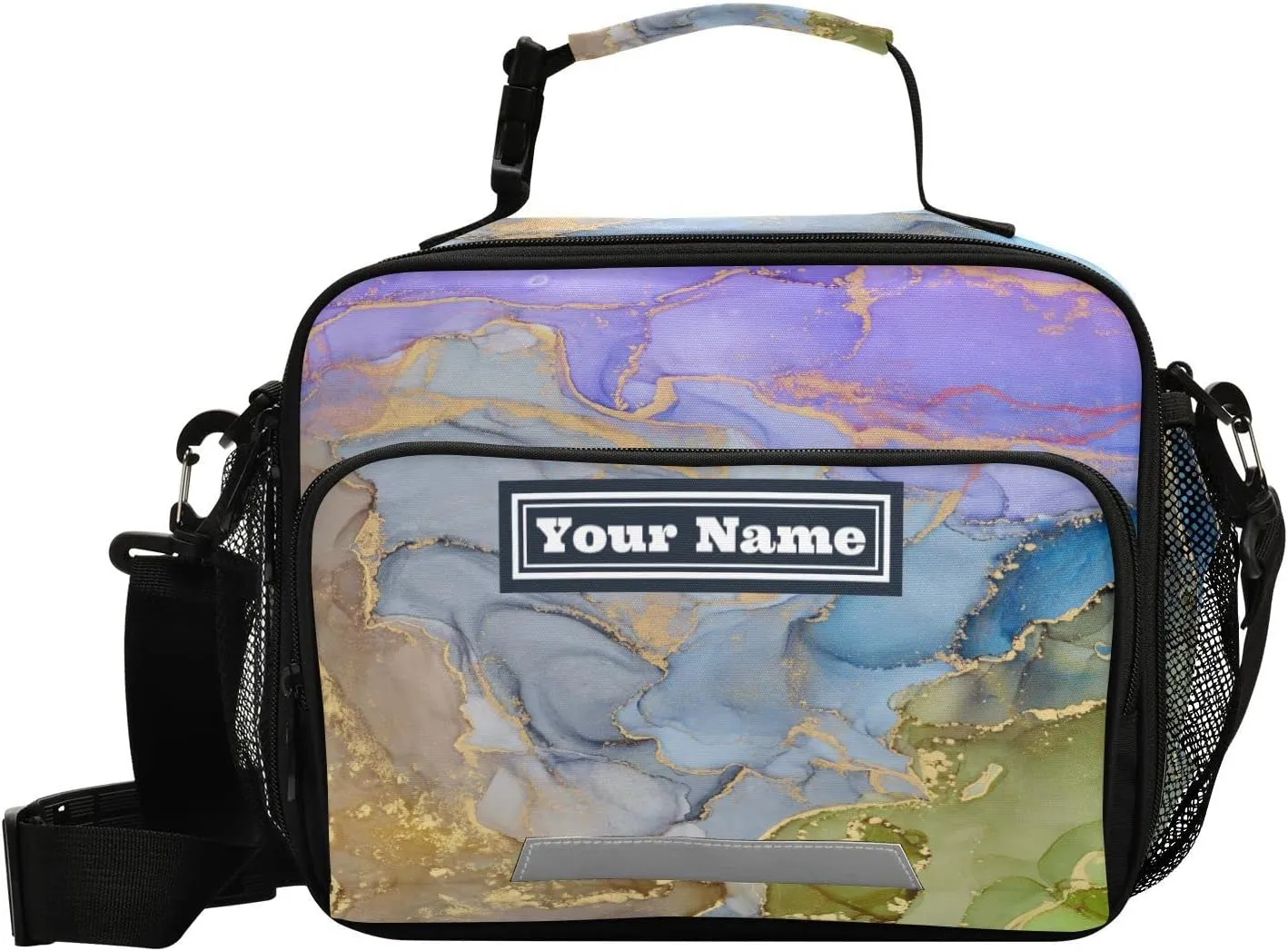 Aslsiy Custom Lunch Bag for Women Men Purple Green Ink Art Personalized Insulated Lunch Box Gold Foil Portable Handbag with Adjustable Shoulder Strap for Office Picnic Travel
