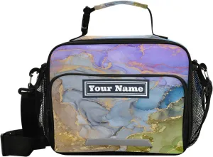 Aslsiy Custom Lunch Bag for Women Men Purple Green Ink Art Personalized Insulated Lunch Box Gold Foil Portable Handbag with Adjustable Shoulder Strap for Office Picnic Travel