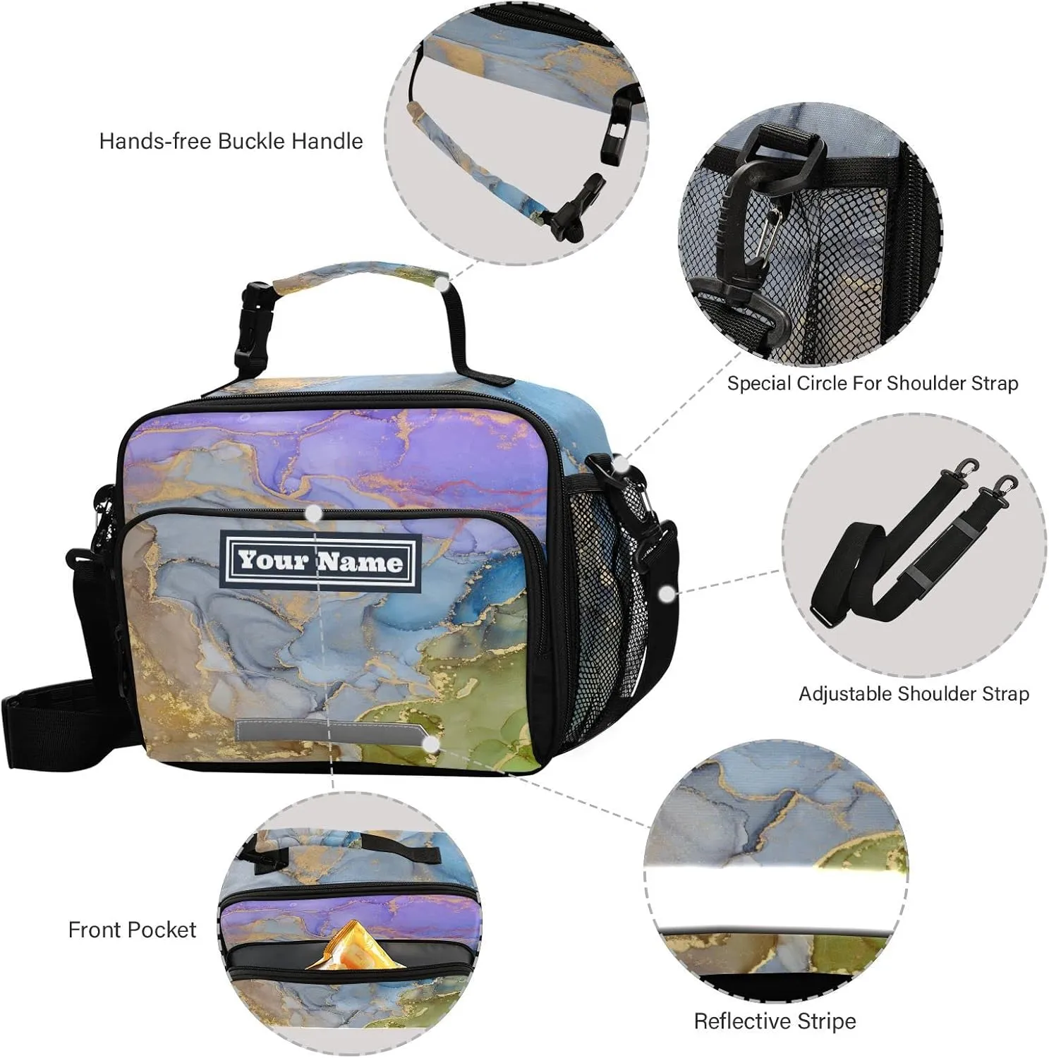 Aslsiy Custom Lunch Bag for Women Men Purple Green Ink Art Personalized Insulated Lunch Box Gold Foil Portable Handbag with Adjustable Shoulder Strap for Office Picnic Travel