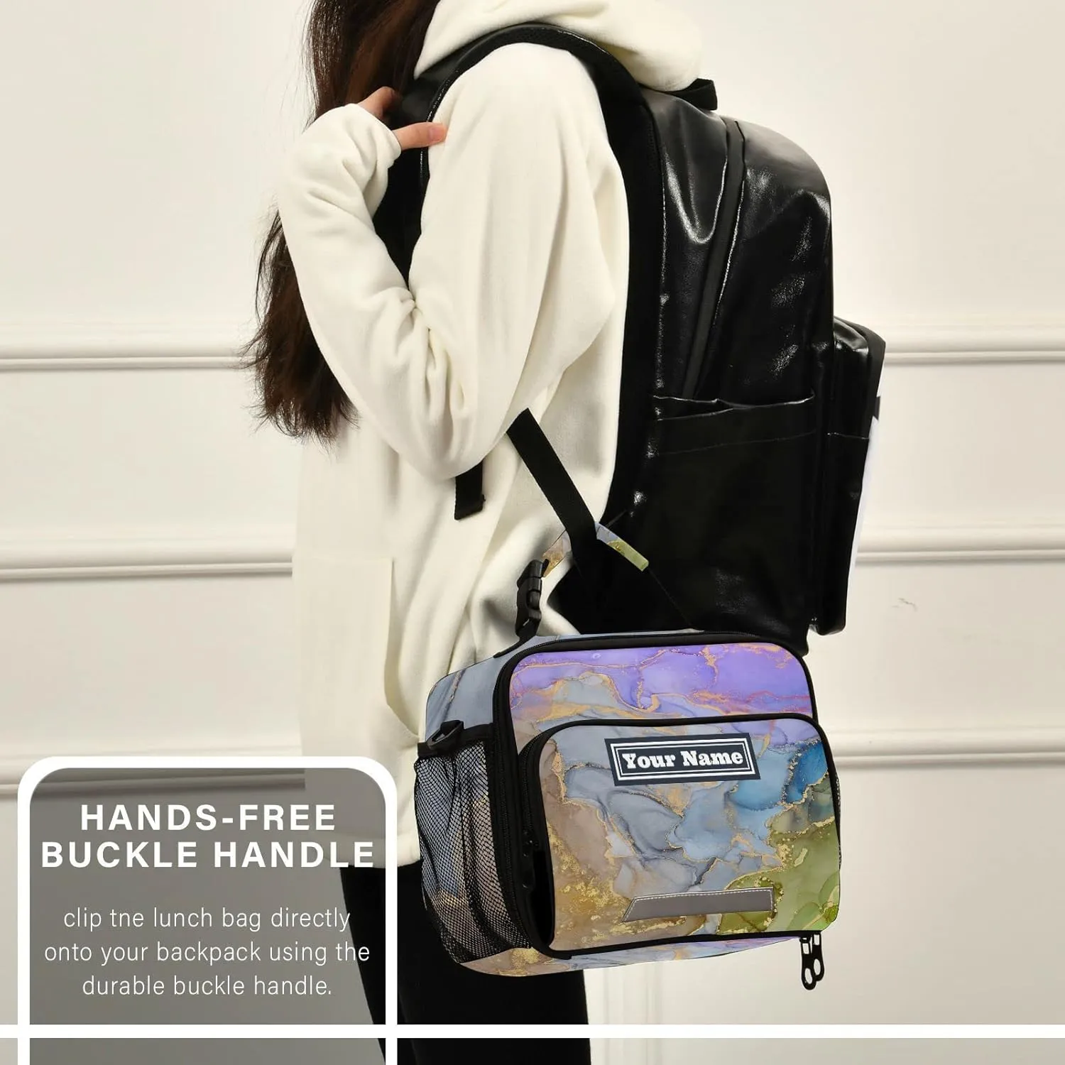 Aslsiy Custom Lunch Bag for Women Men Purple Green Ink Art Personalized Insulated Lunch Box Gold Foil Portable Handbag with Adjustable Shoulder Strap for Office Picnic Travel